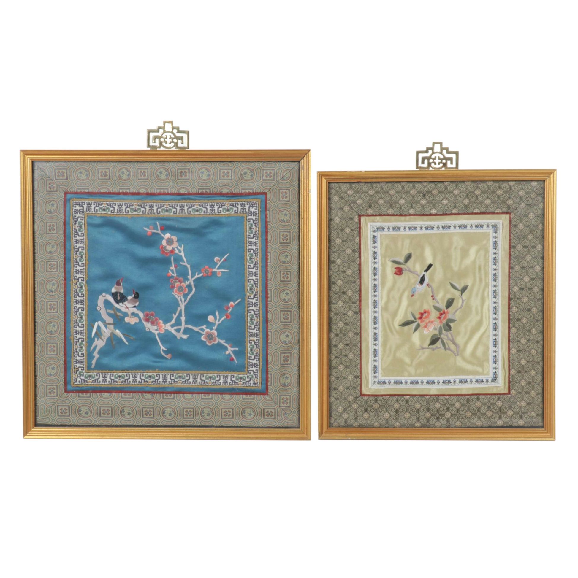 Pair of Chinese Hand-Embroidered Peonies and Birds on Silk Panels