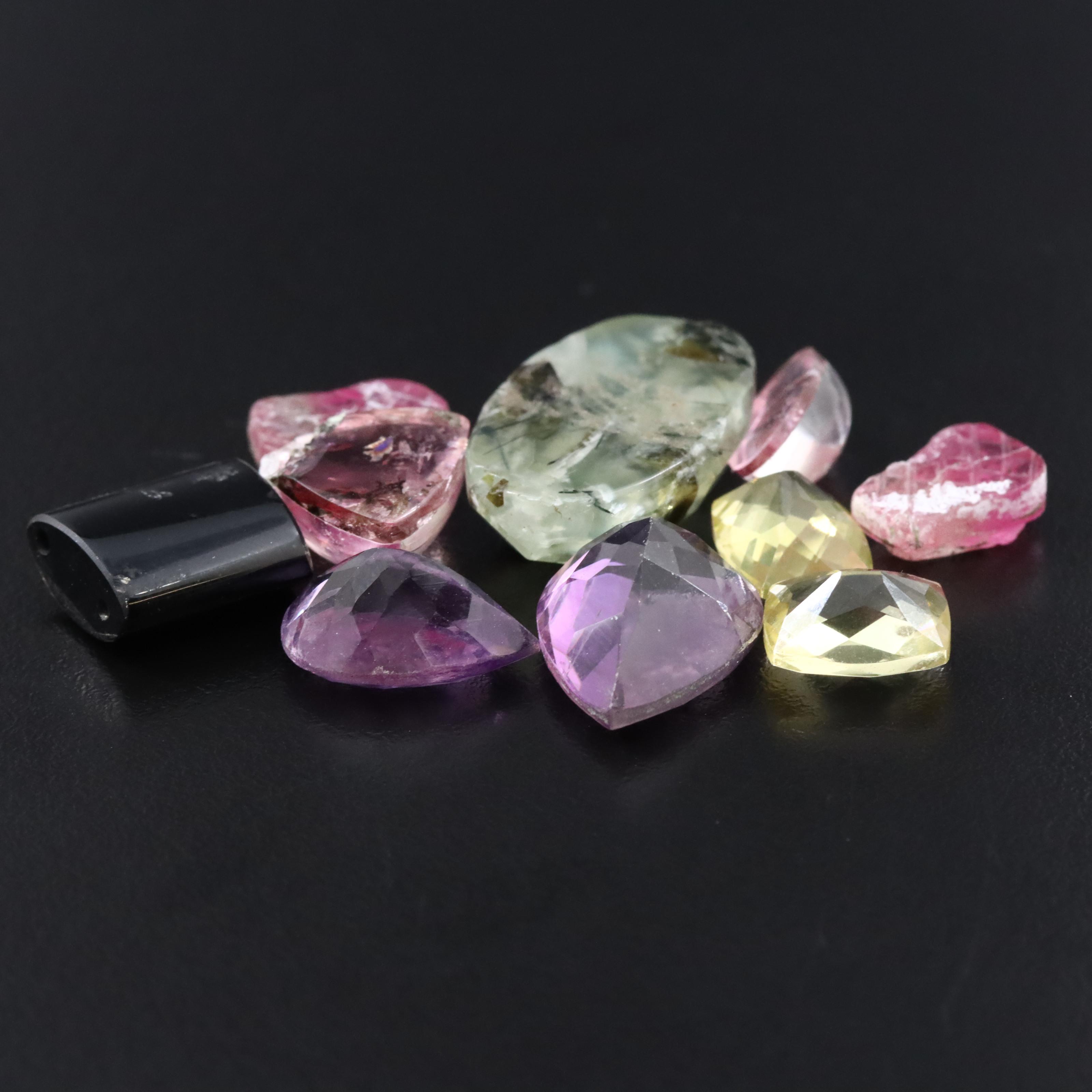 Loose Amethyst. Tourmaline and Prehnite