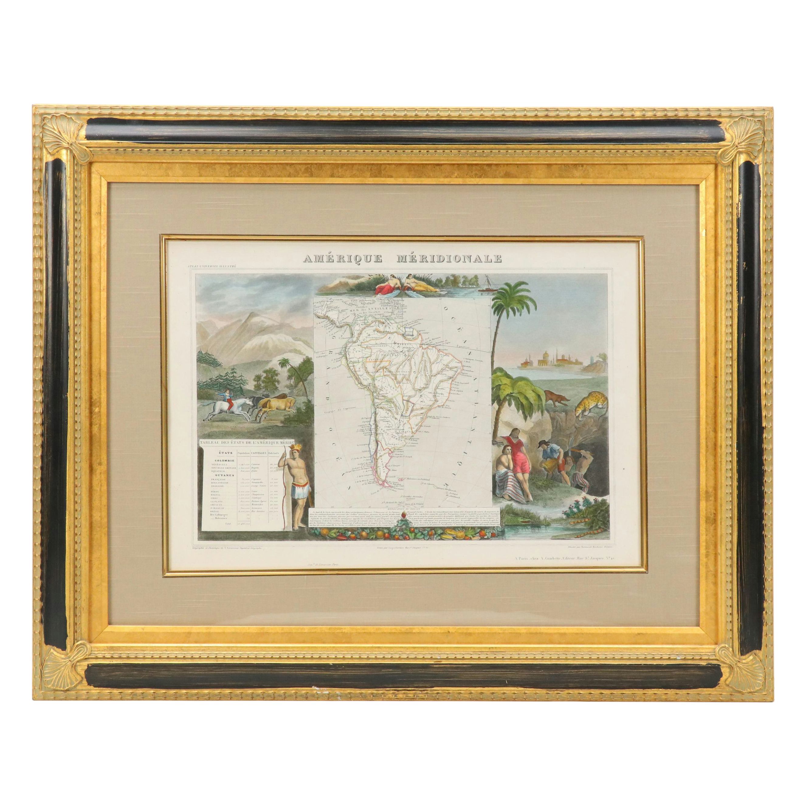 Hand-Painted Engraved Map "Amérique Méridionale" After R. Bonheur and More, 1847