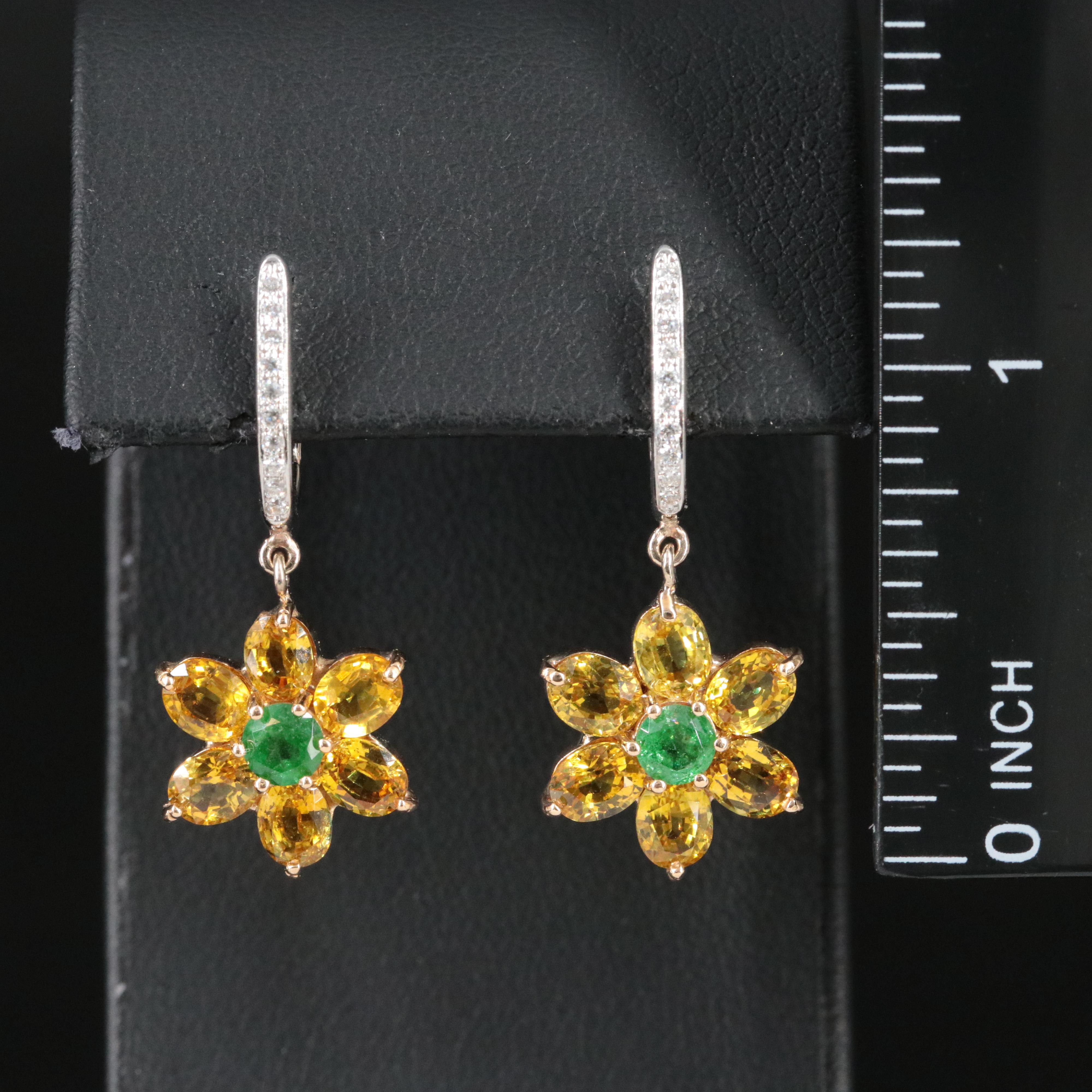 18K Emerald, Sapphire and Diamond Flower Earrings