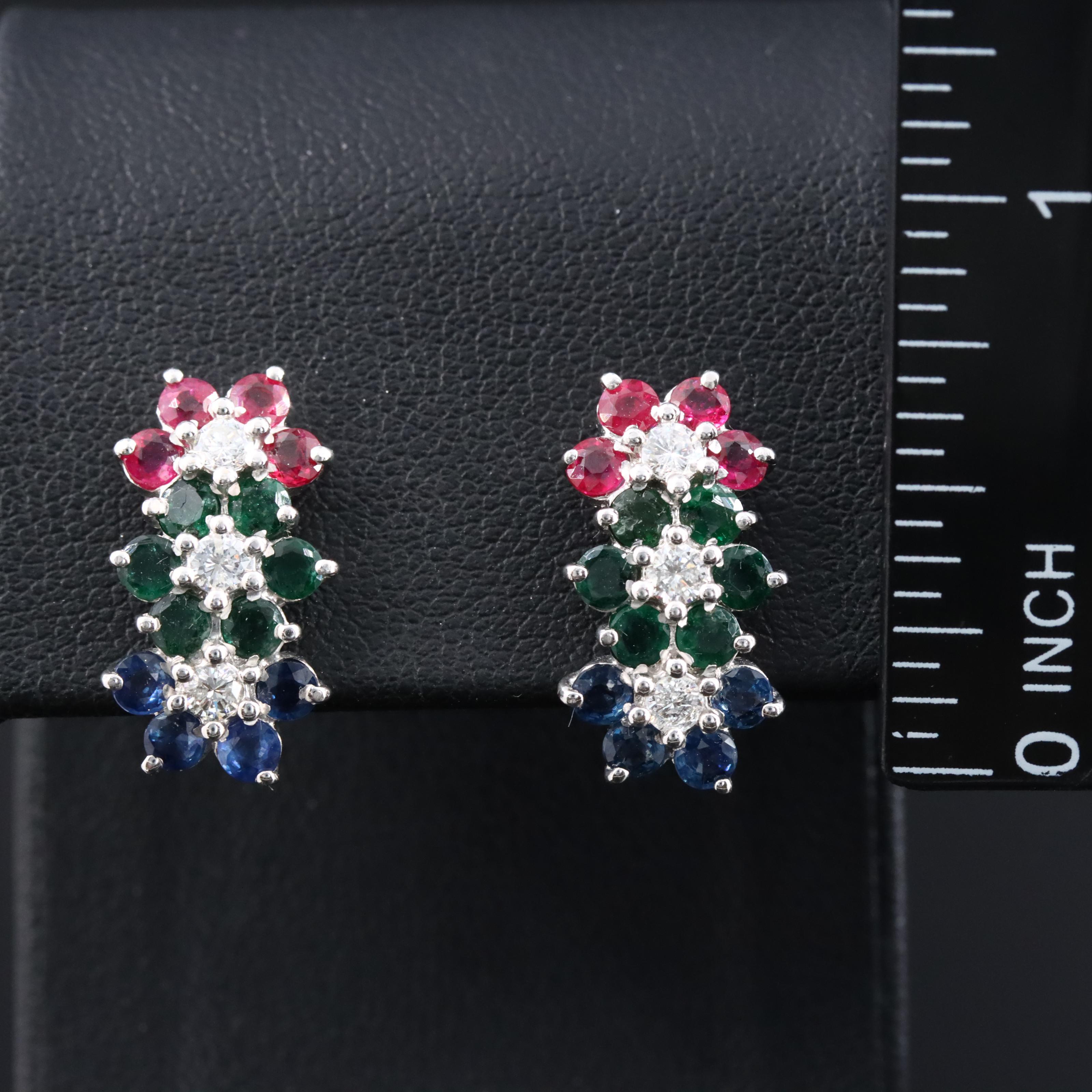 14K Diamond, Ruby, Emerald and Sapphire Flower Earrings