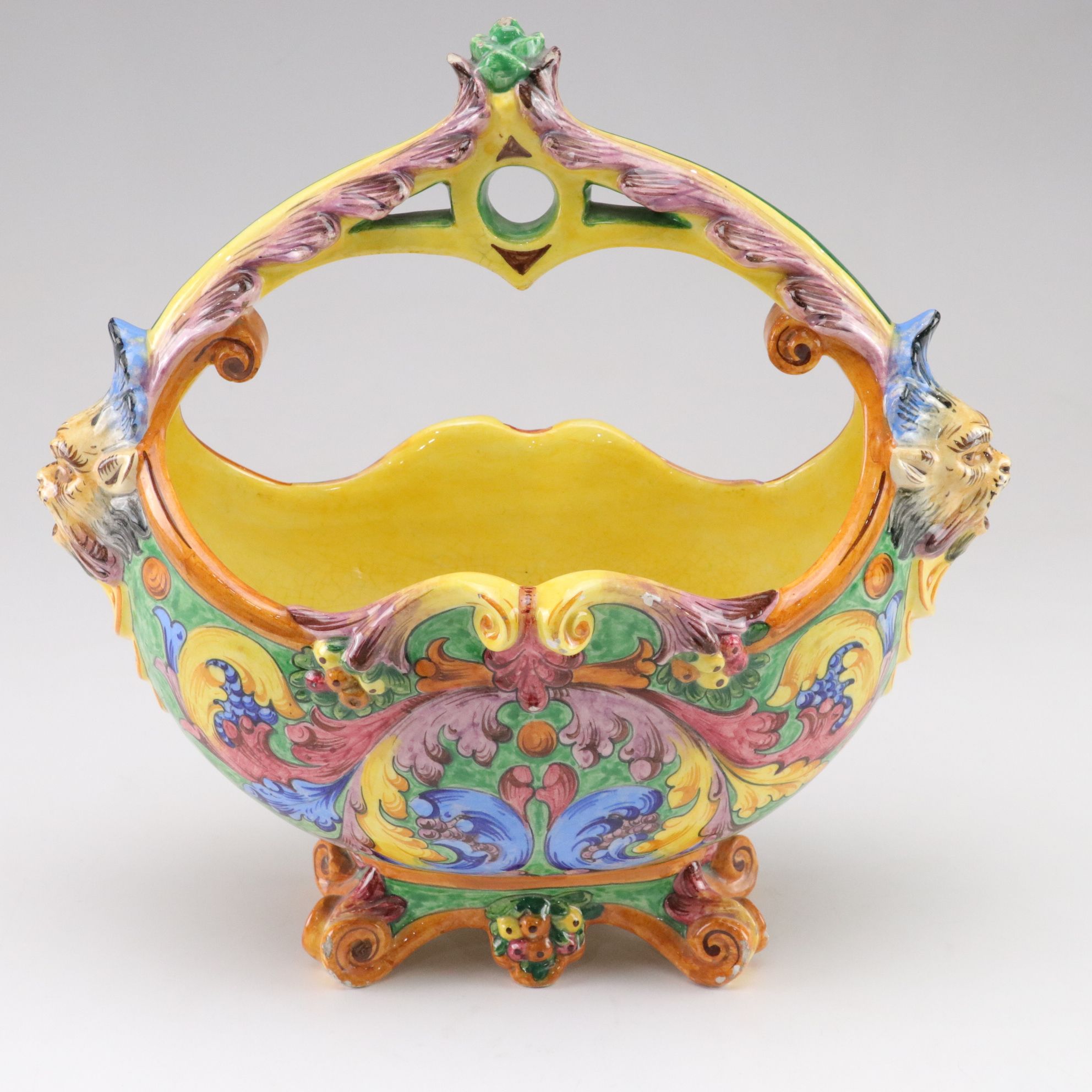 Italian Majolica Glazed Baroque Style Ceramic Basket