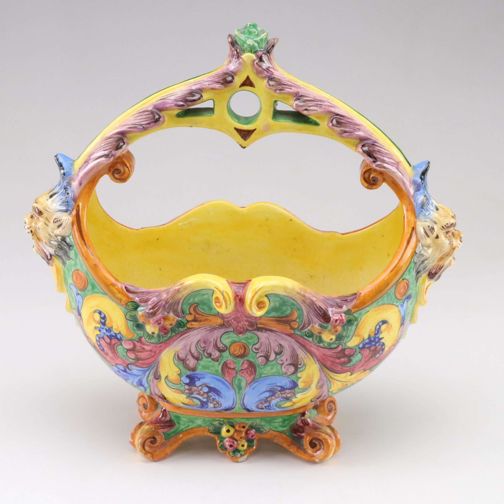 Italian Majolica Glazed Baroque Style Ceramic Basket