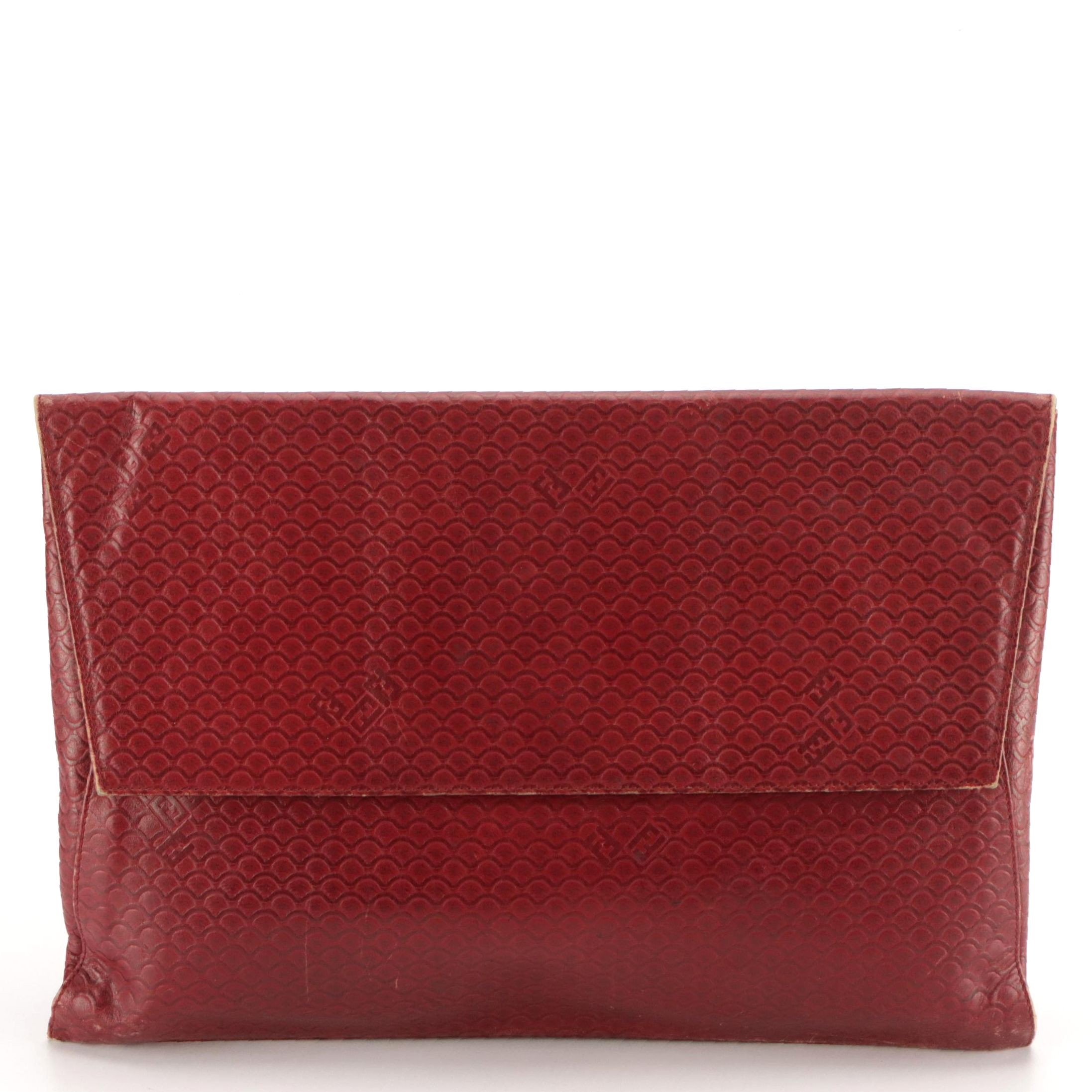 Fendi Vintage Large Envelope Flap Clutch in Red Scallop Embossed Leather