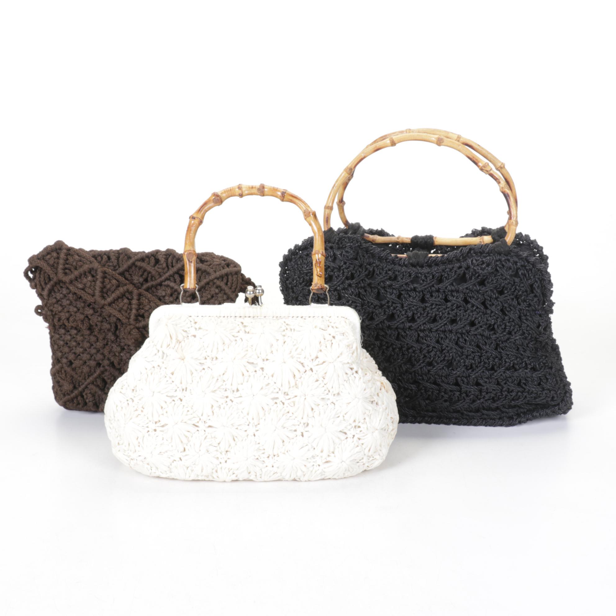 Corliss and Simon Woven Raffia Purses with Bamboo Handles and Crochet Handbag