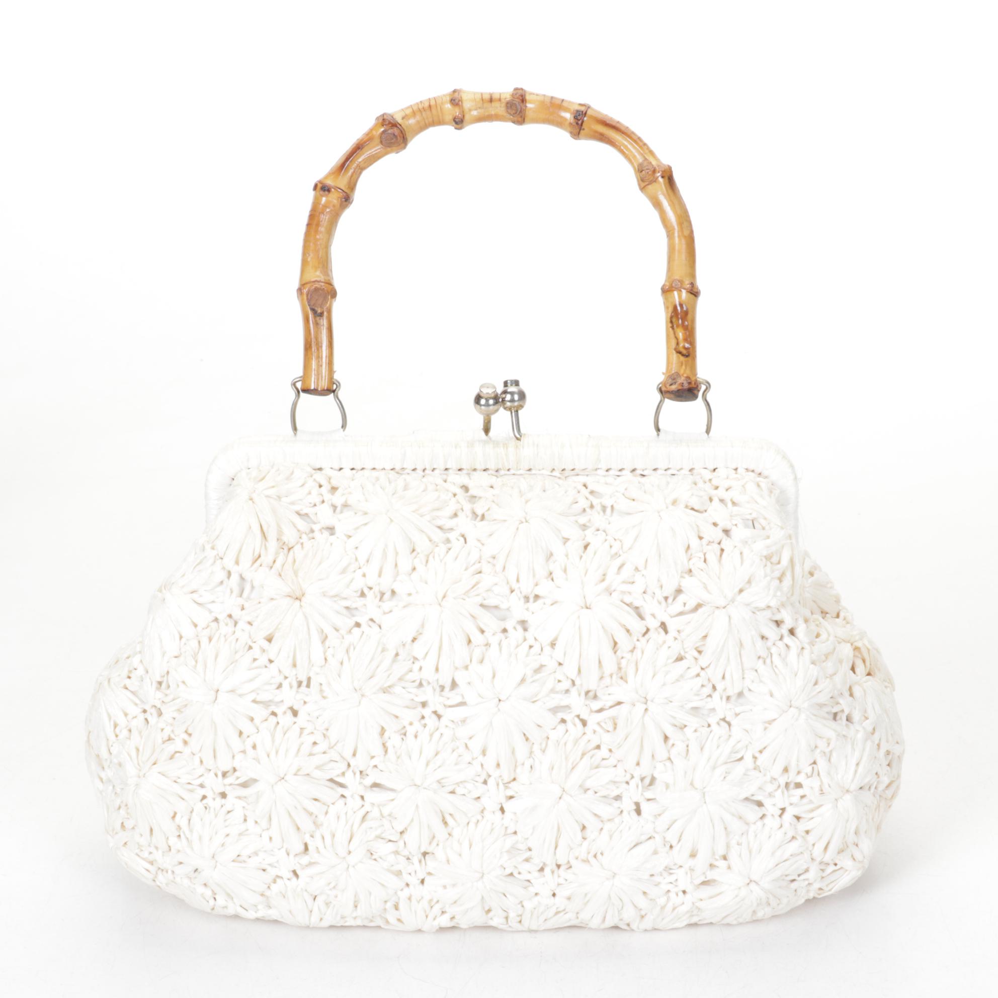 Corliss and Simon Woven Raffia Purses with Bamboo Handles and Crochet Handbag