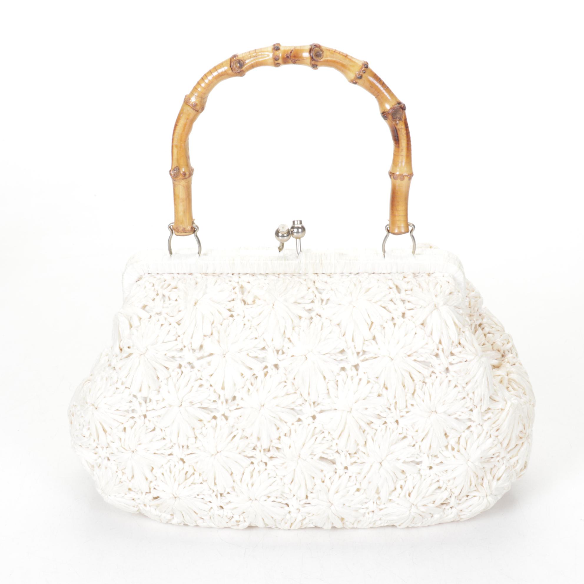 Corliss and Simon Woven Raffia Purses with Bamboo Handles and Crochet Handbag