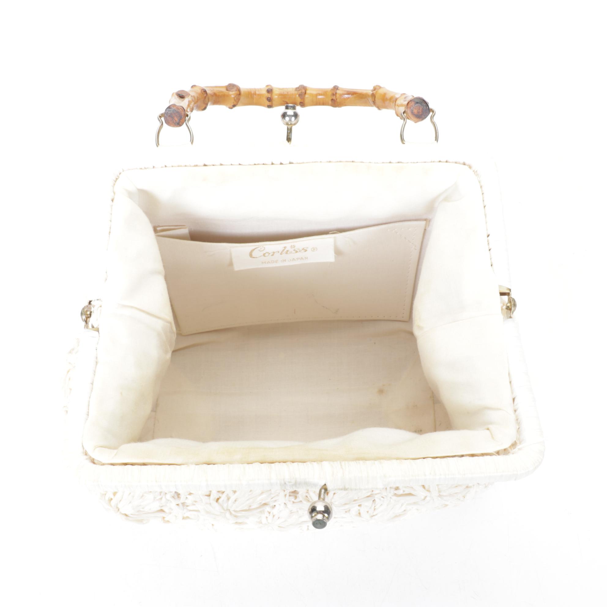 Corliss and Simon Woven Raffia Purses with Bamboo Handles and Crochet Handbag