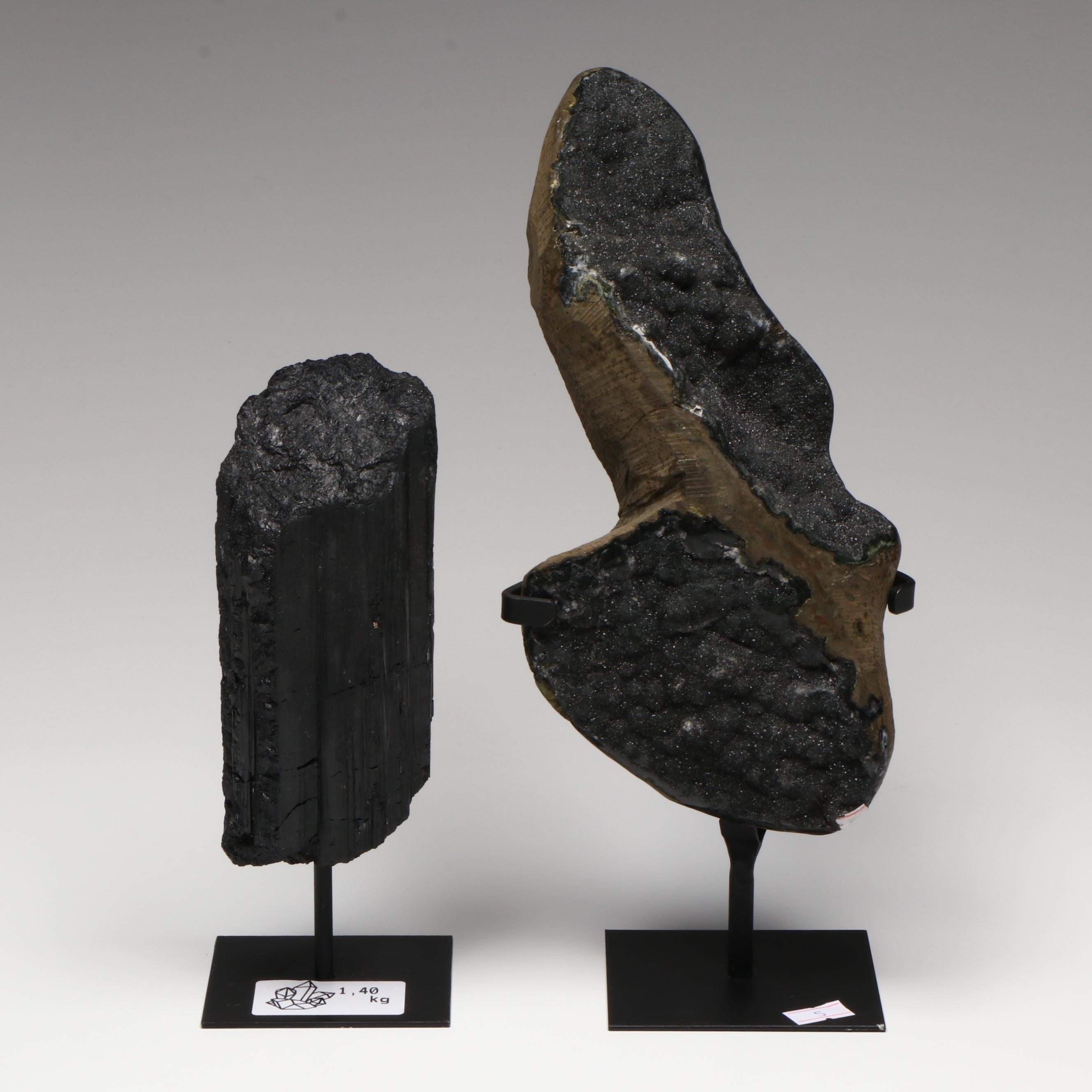 Large Black Amethyst Druzy Geode and Schorl Black Tourmaline Specimens