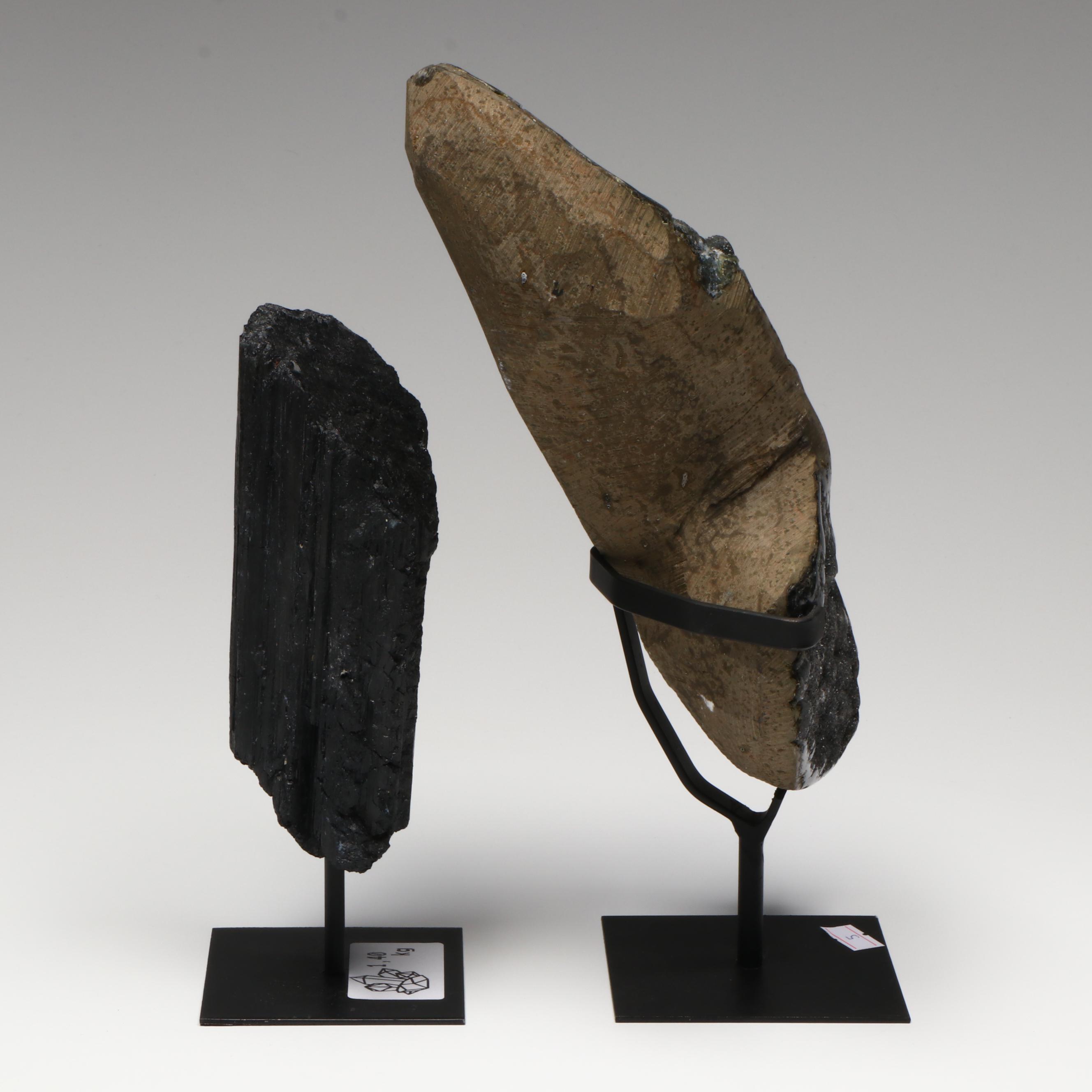 Large Black Amethyst Druzy Geode and Schorl Black Tourmaline Specimens