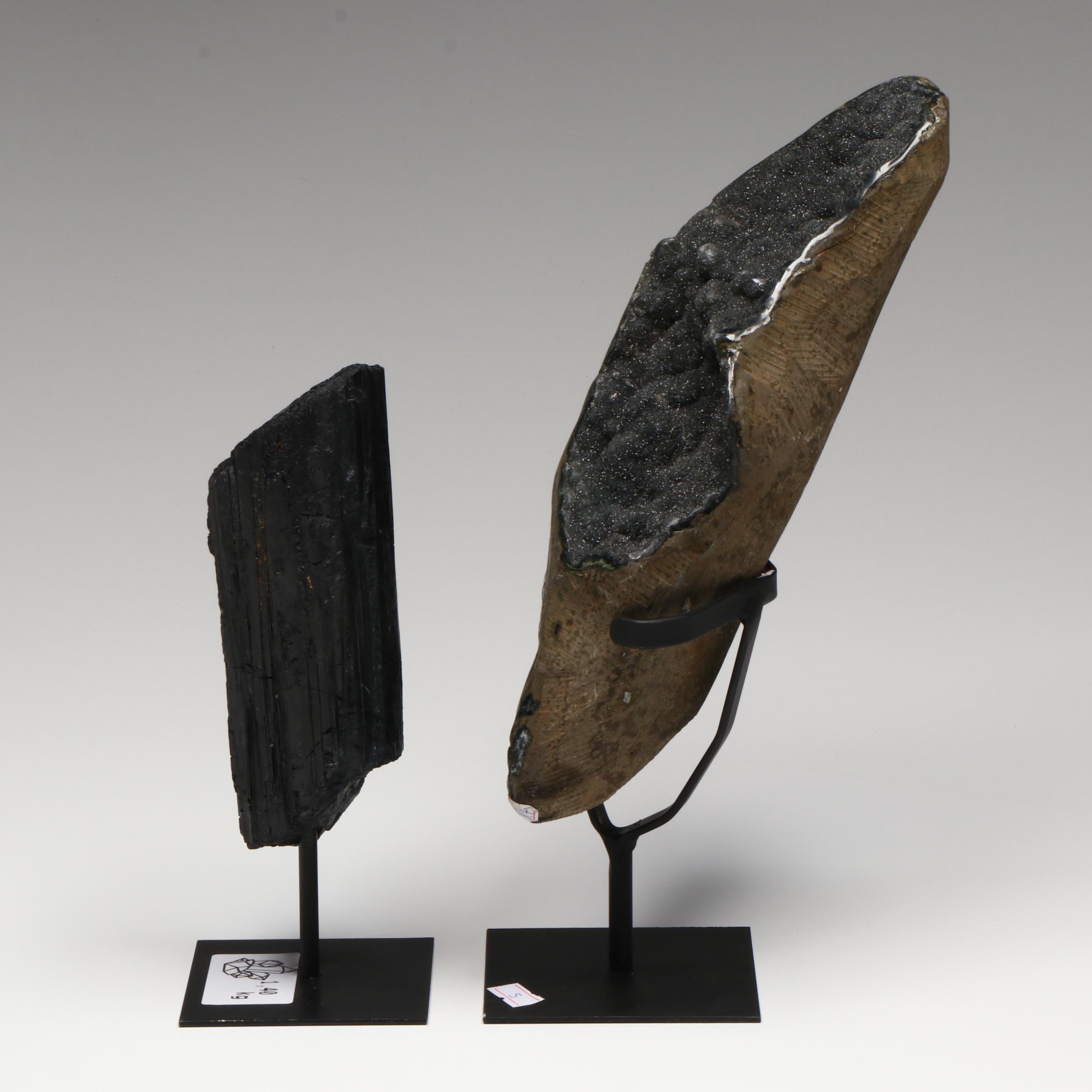 Large Black Amethyst Druzy Geode and Schorl Black Tourmaline Specimens