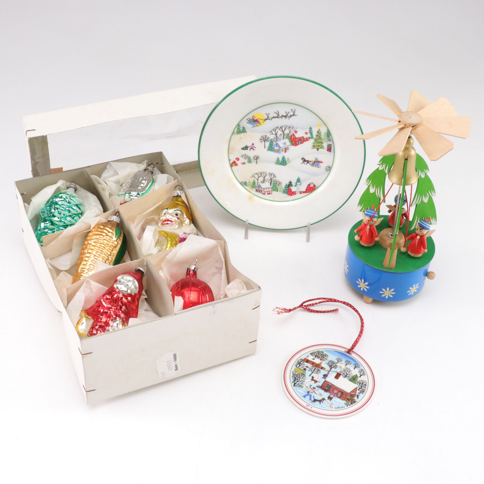 Steinbach Music Box, Glass Ornaments, and Other Christmas Décor