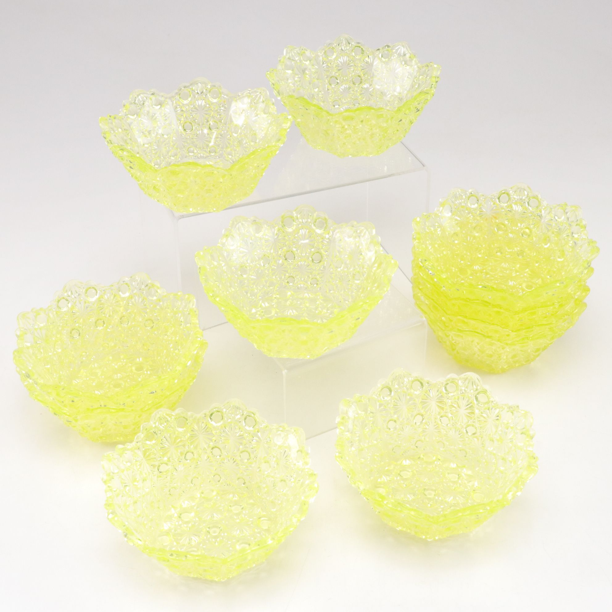 "Daisy and Button" Uranium Glass Dessert Bowls, Set of Eleven