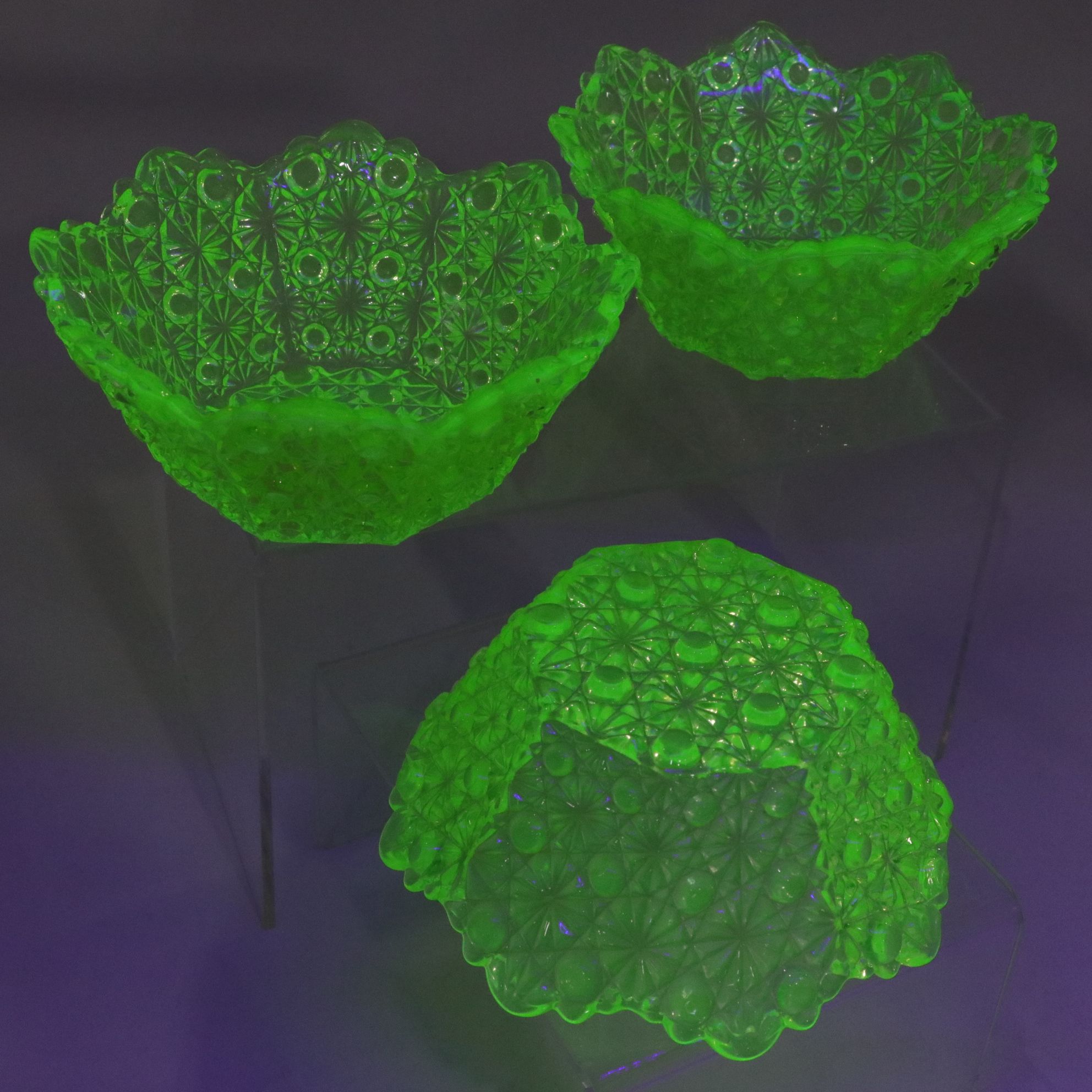 "Daisy and Button" Uranium Glass Dessert Bowls, Set of Eleven