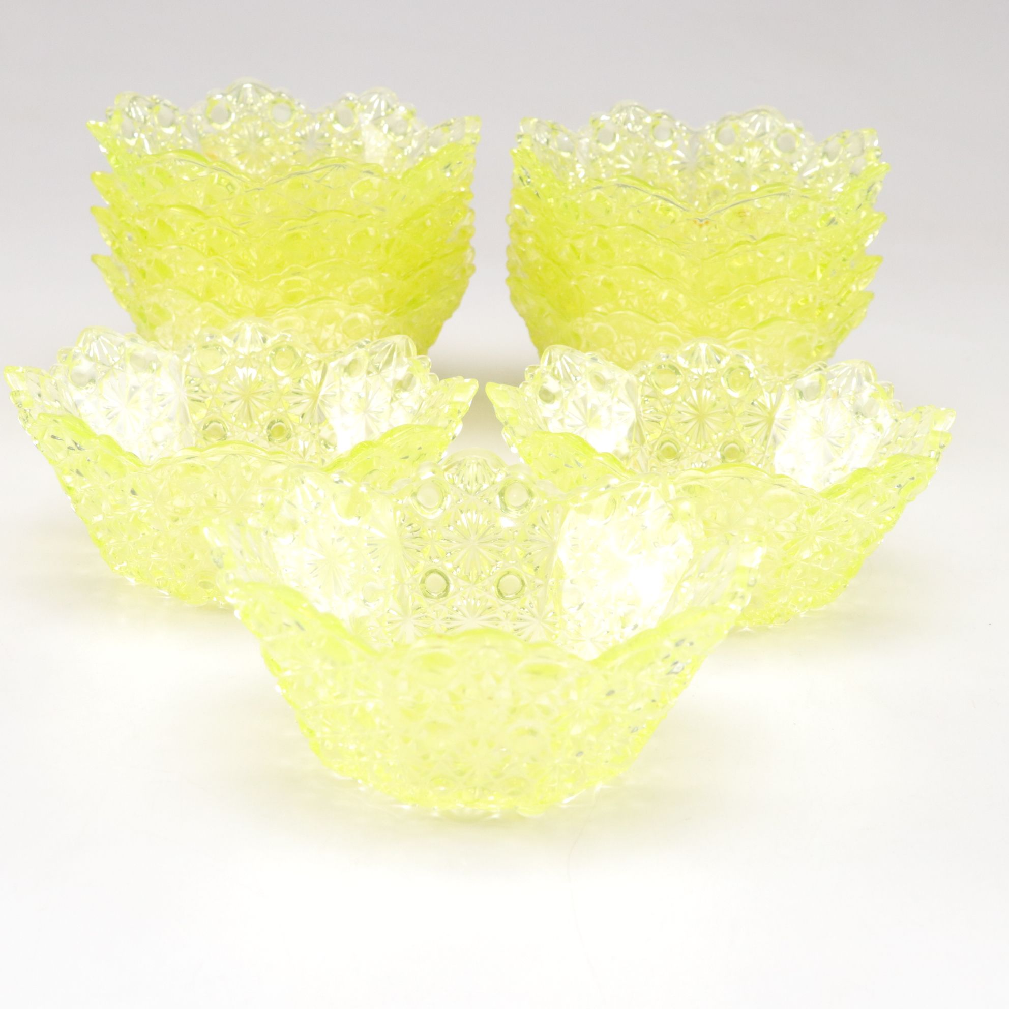 "Daisy and Button" Uranium Glass Dessert Bowls, Set of Eleven