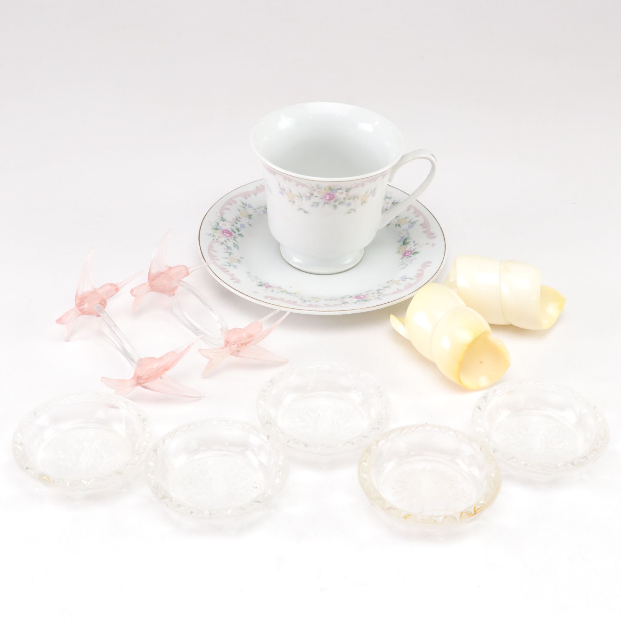 Blown Glass Pink Birds & Acrylic Napkin Rings, Etched Glass Butter Pats & More