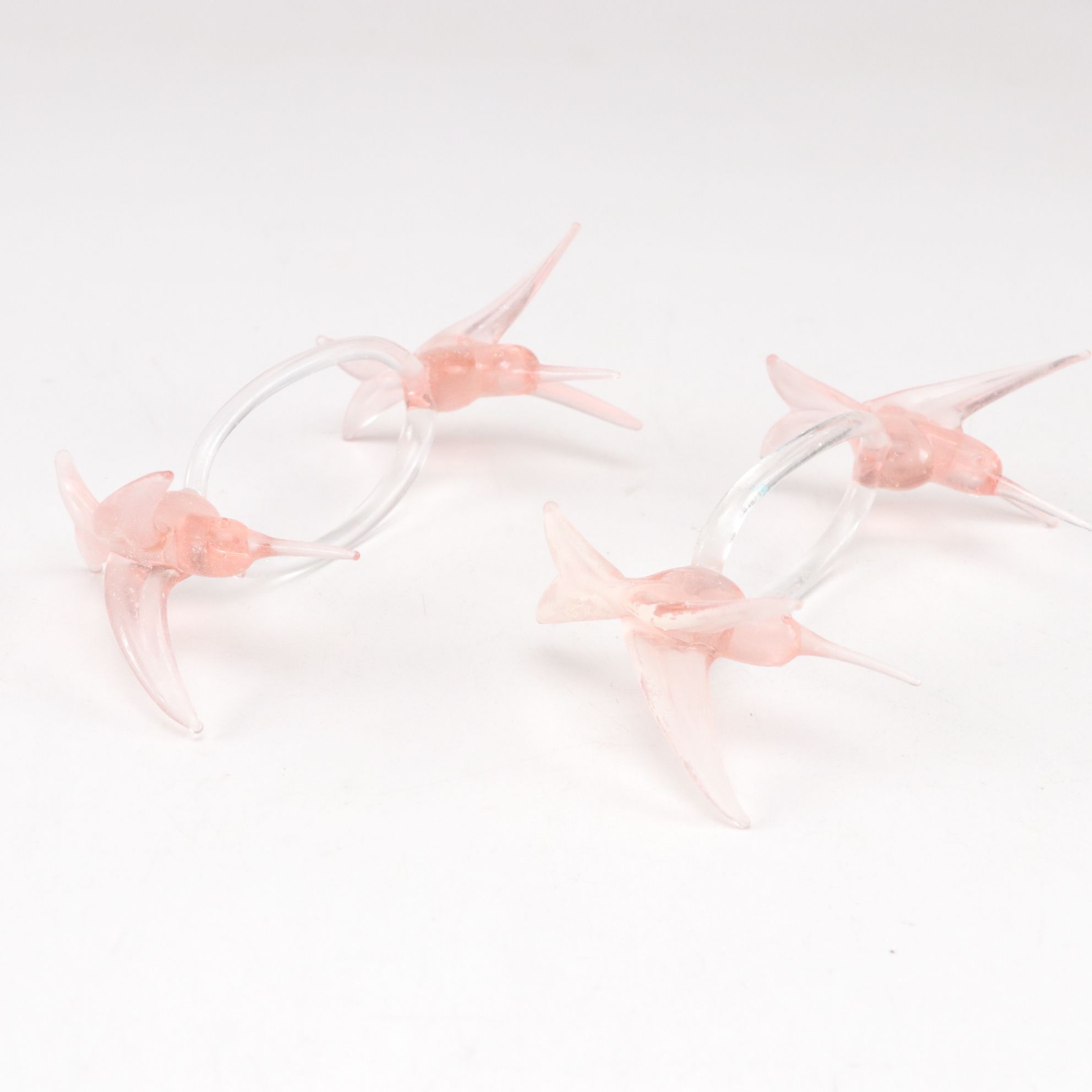 Blown Glass Pink Birds & Acrylic Napkin Rings, Etched Glass Butter Pats & More