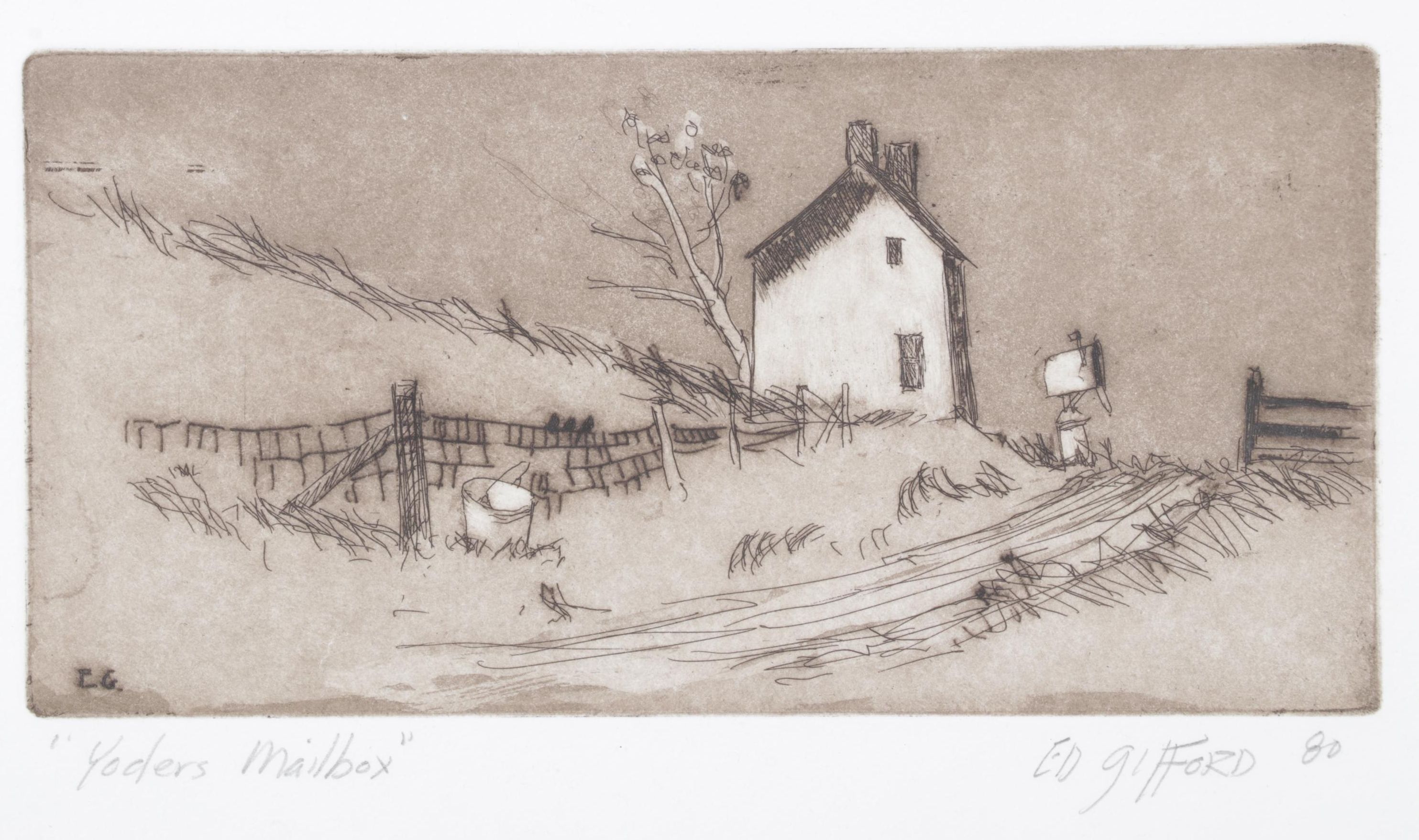 Ed Gifford "Yoders Mailbox" Hand-Colored Etching, 1980