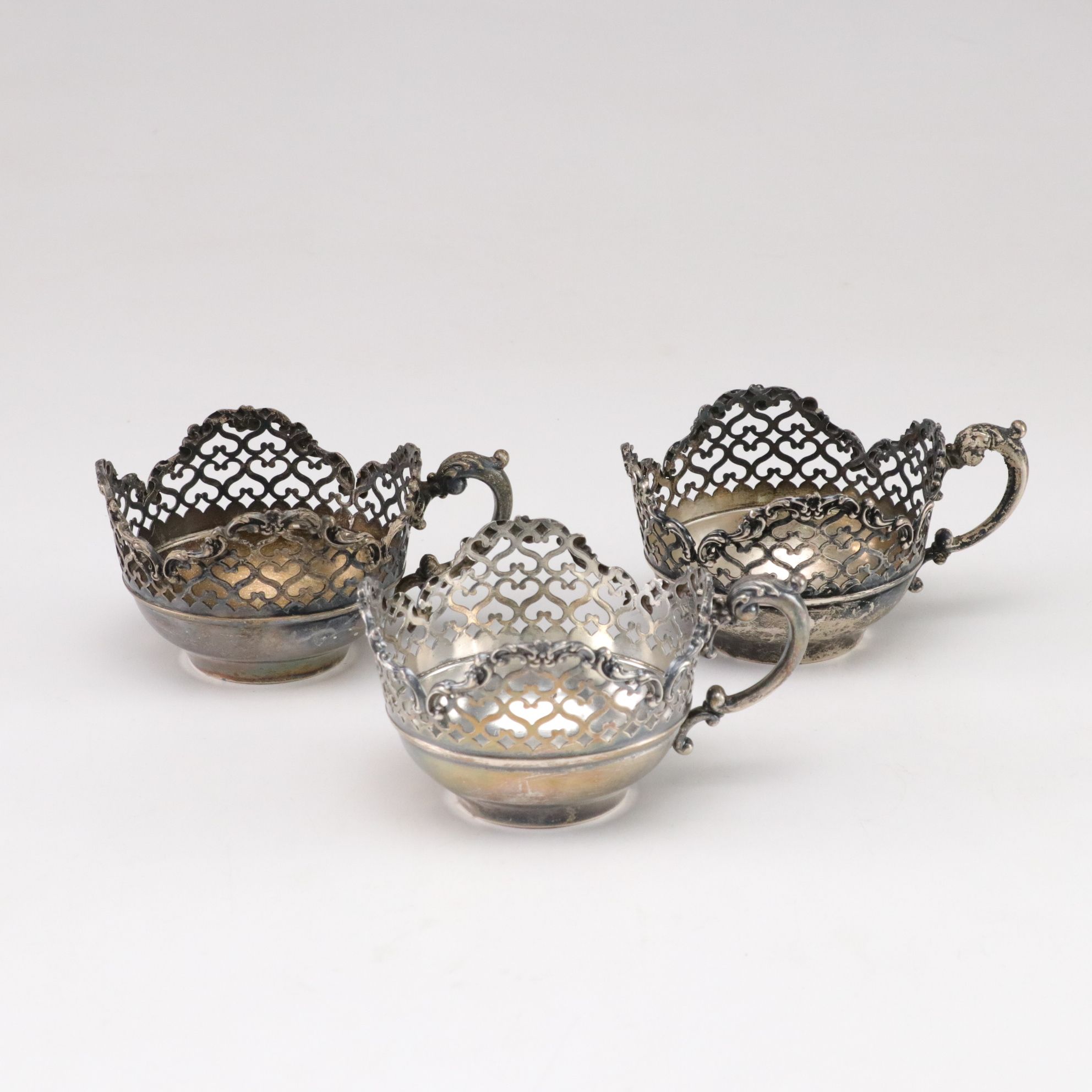 Sterling Silver Cup, Master Salt, and Shaker Holders with Cobalt Glass Inserts