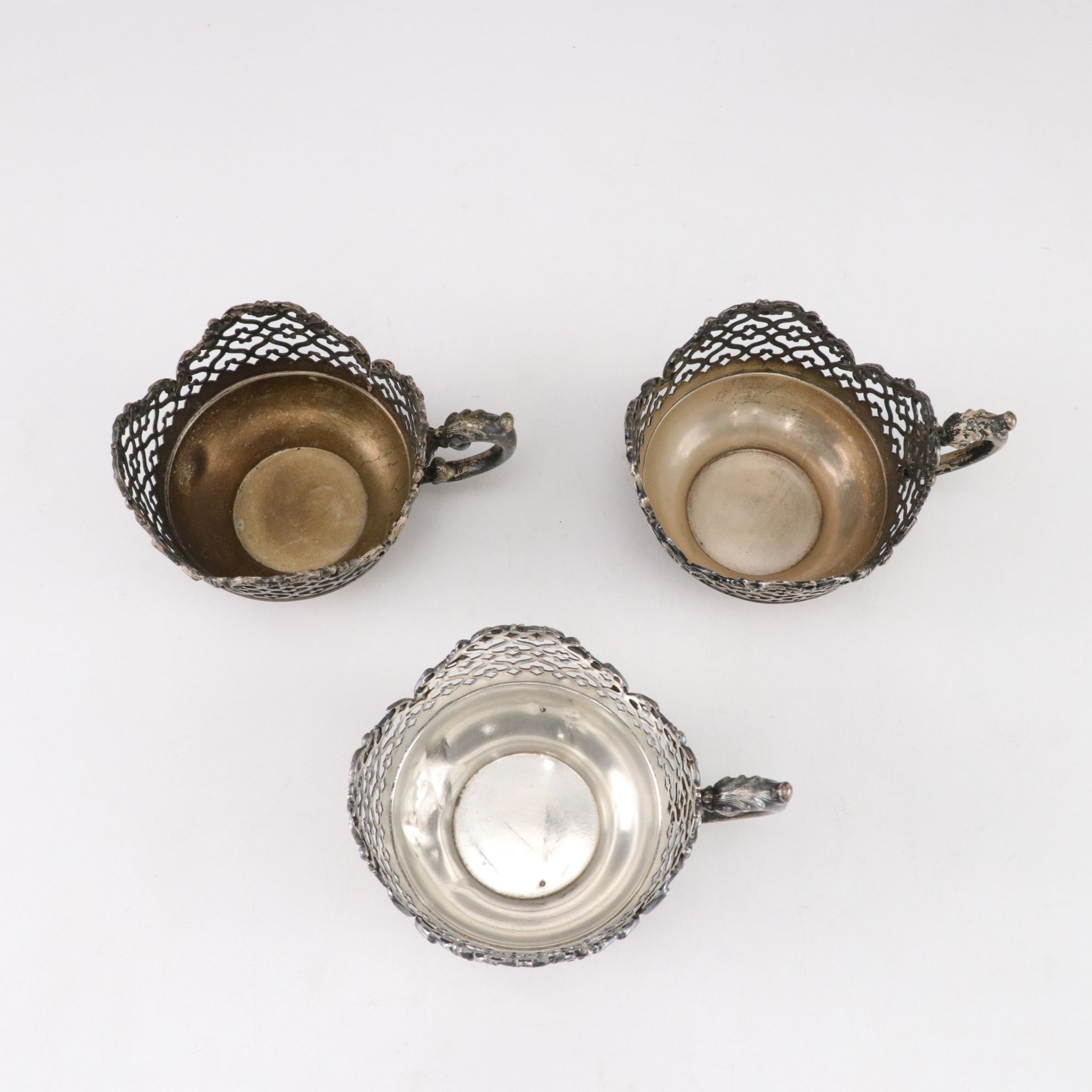 Sterling Silver Cup, Master Salt, and Shaker Holders with Cobalt Glass Inserts