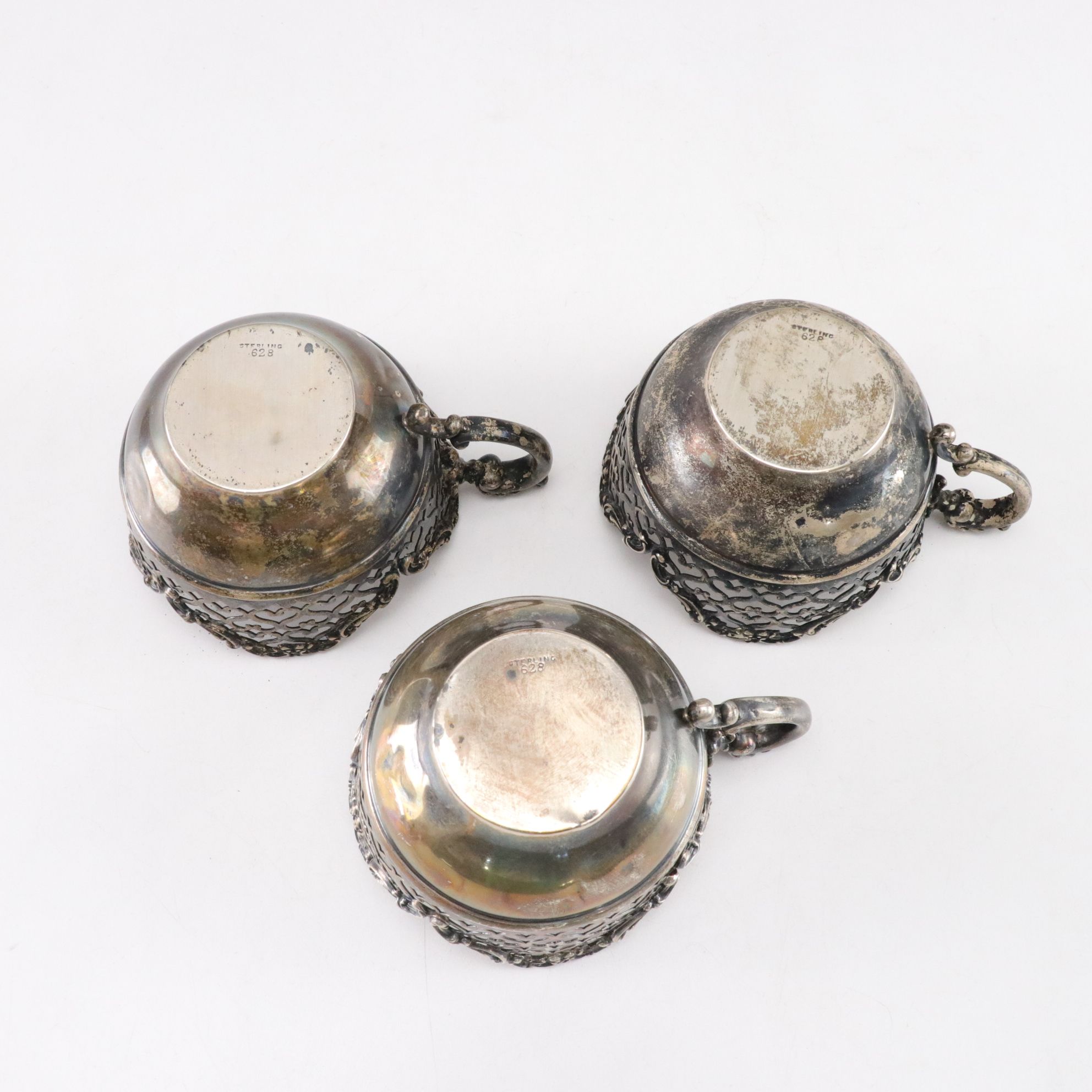 Sterling Silver Cup, Master Salt, and Shaker Holders with Cobalt Glass Inserts