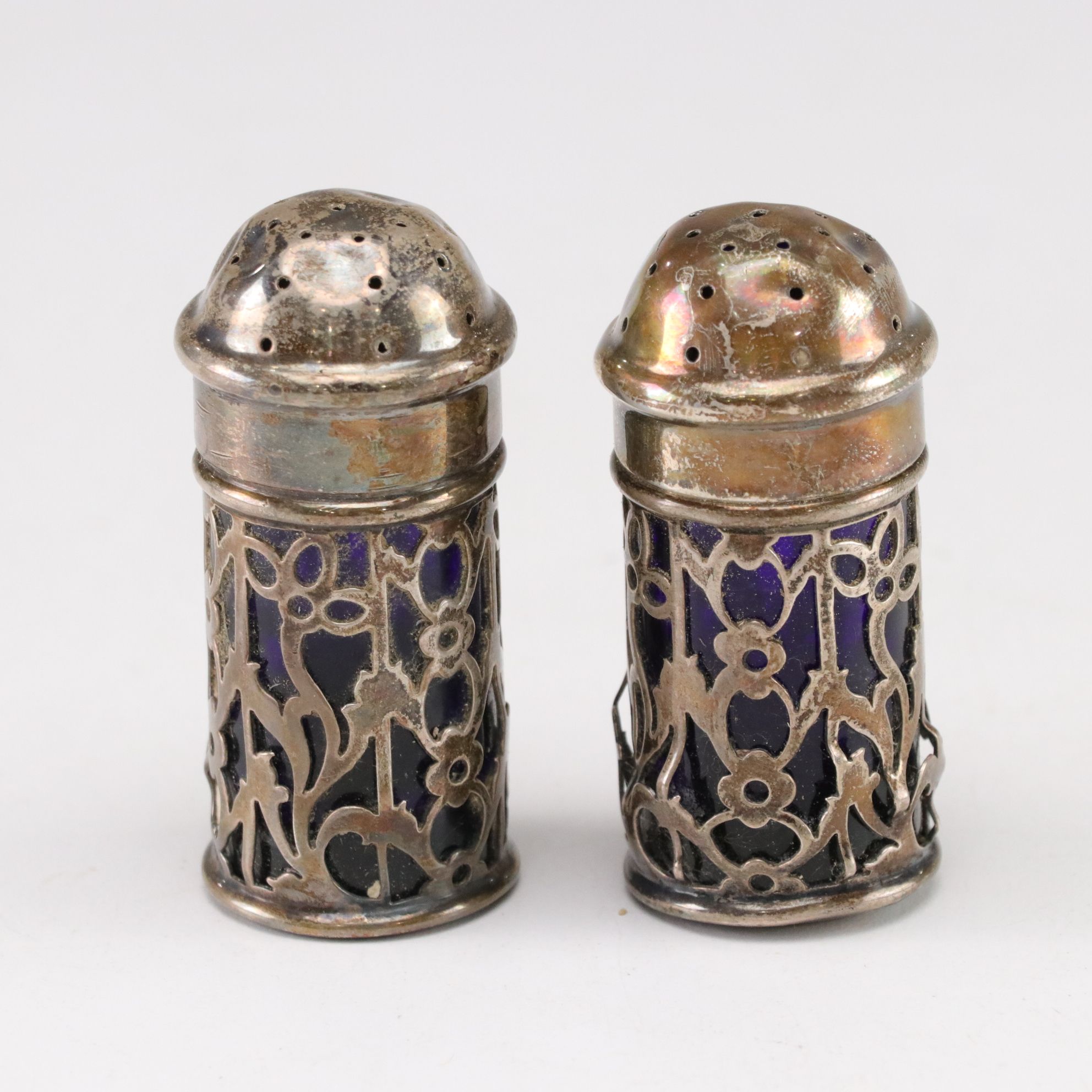Sterling Silver Cup, Master Salt, and Shaker Holders with Cobalt Glass Inserts