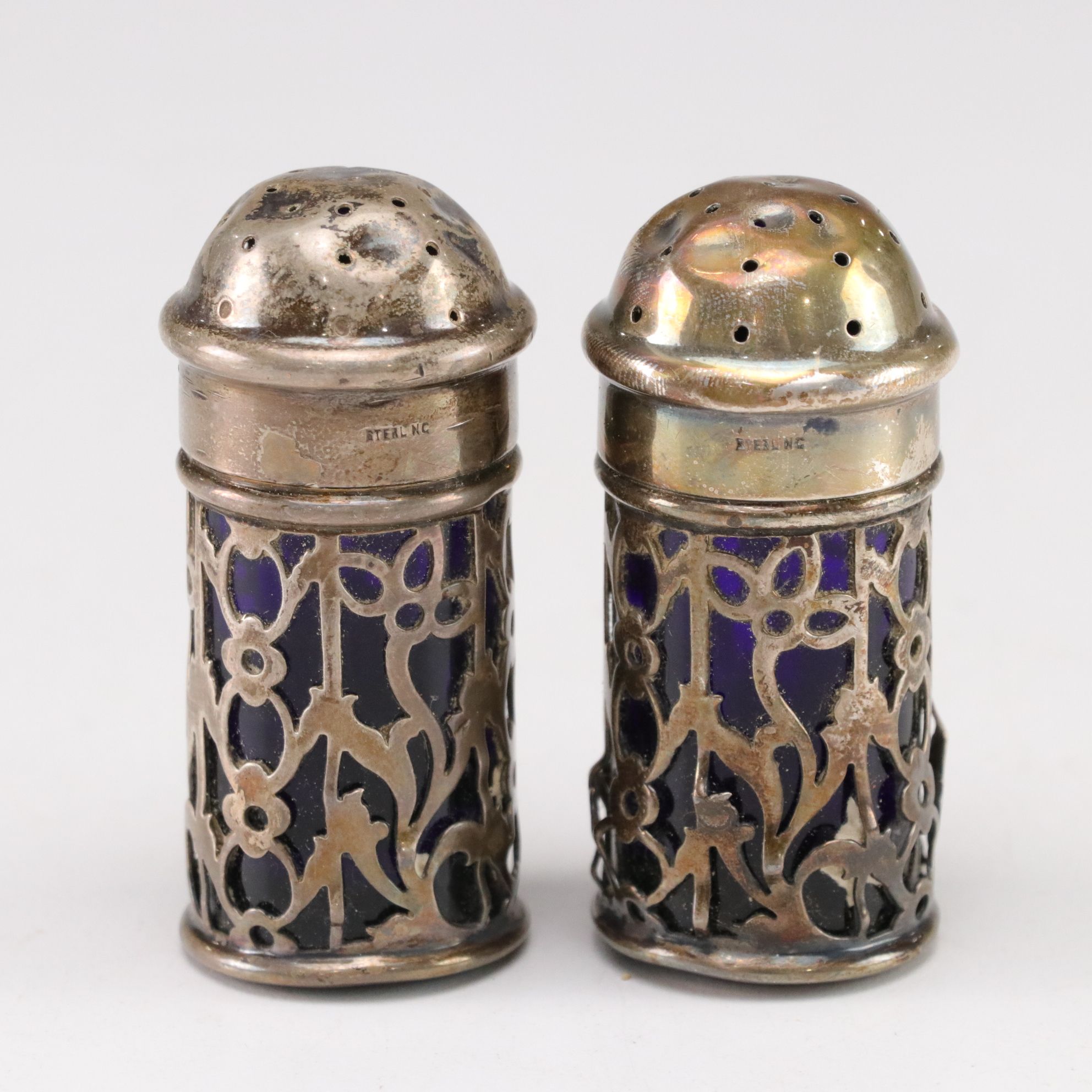 Sterling Silver Cup, Master Salt, and Shaker Holders with Cobalt Glass Inserts