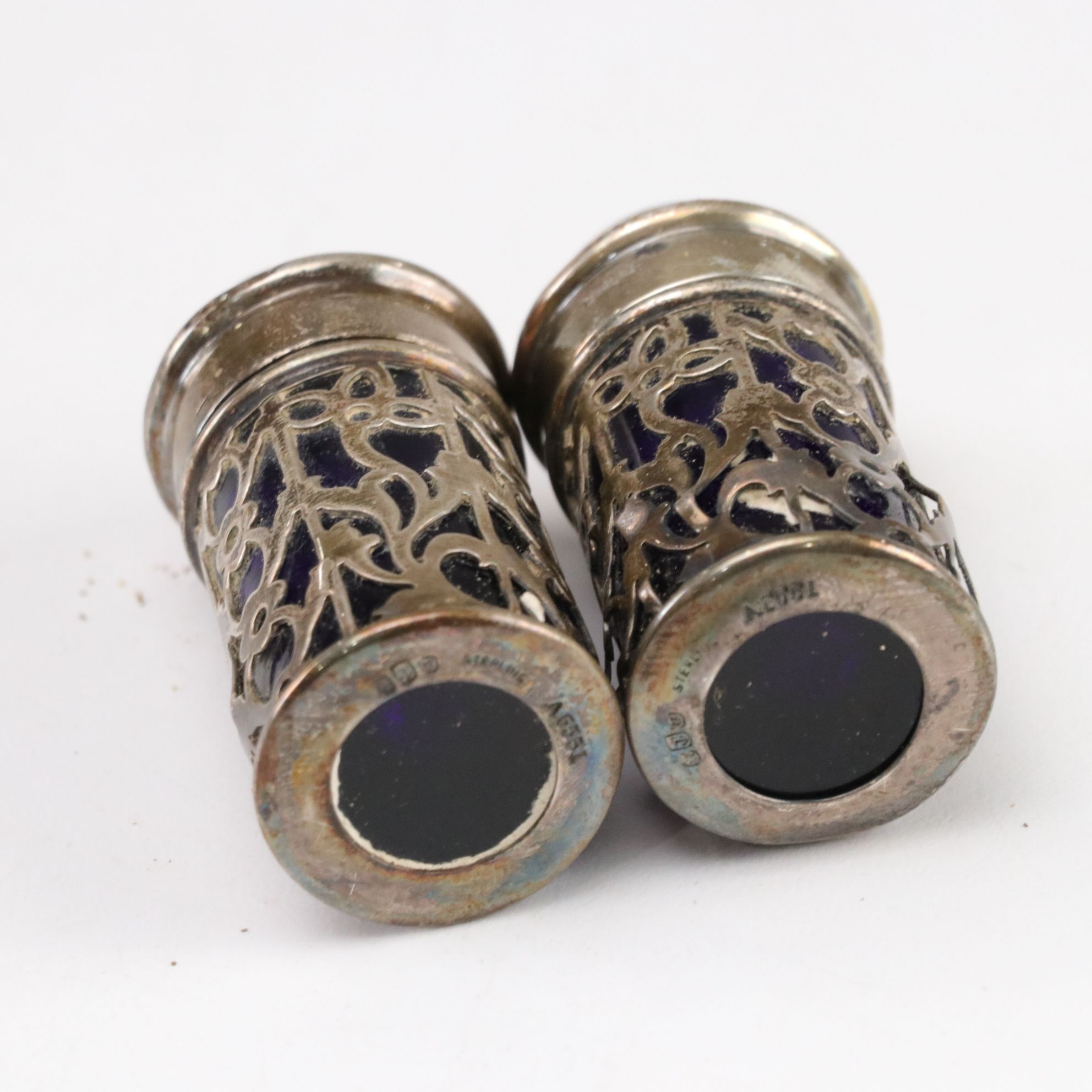 Sterling Silver Cup, Master Salt, and Shaker Holders with Cobalt Glass Inserts