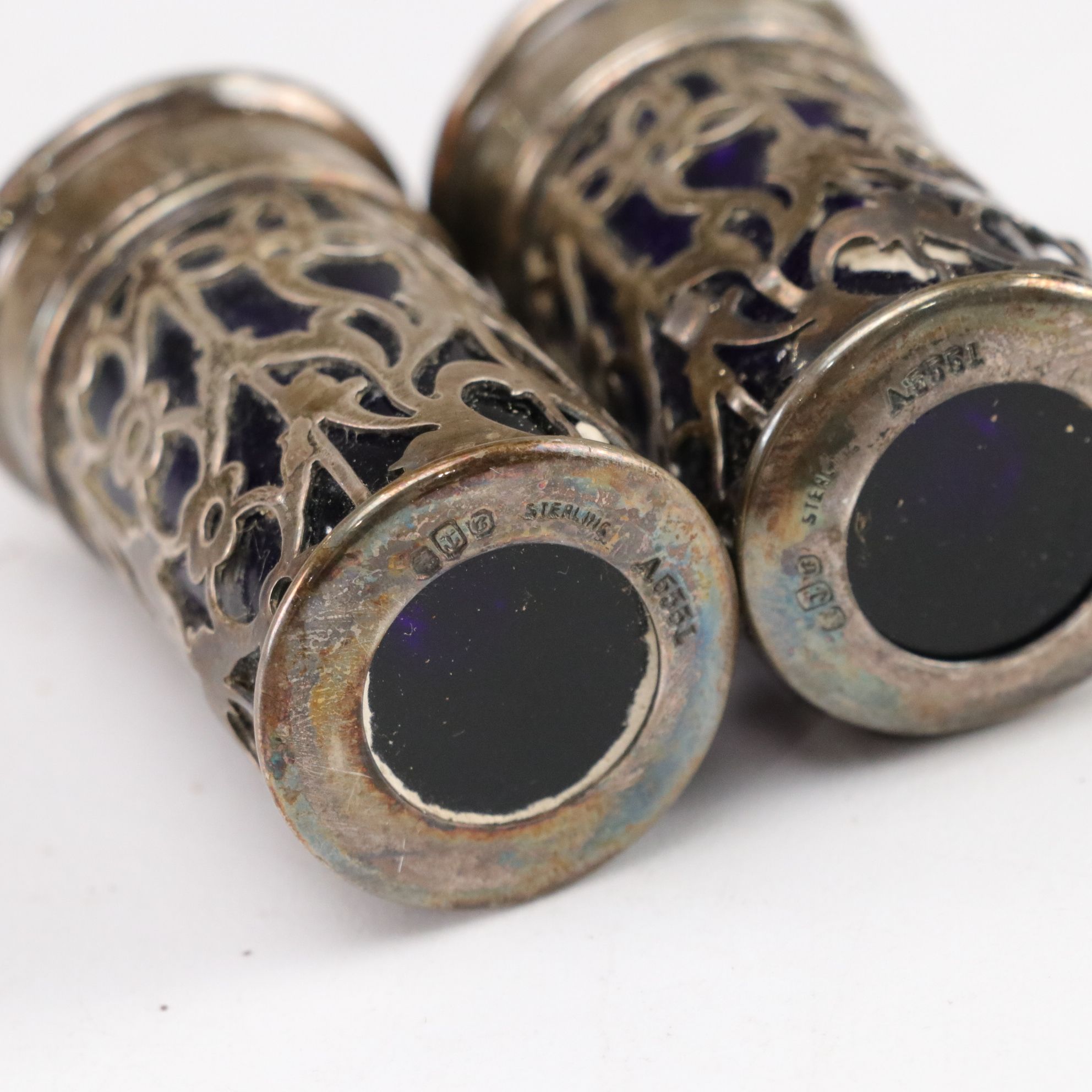 Sterling Silver Cup, Master Salt, and Shaker Holders with Cobalt Glass Inserts