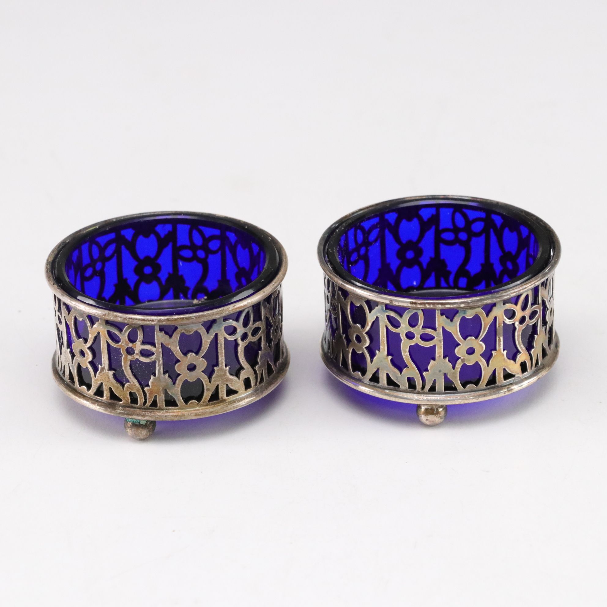 Sterling Silver Cup, Master Salt, and Shaker Holders with Cobalt Glass Inserts