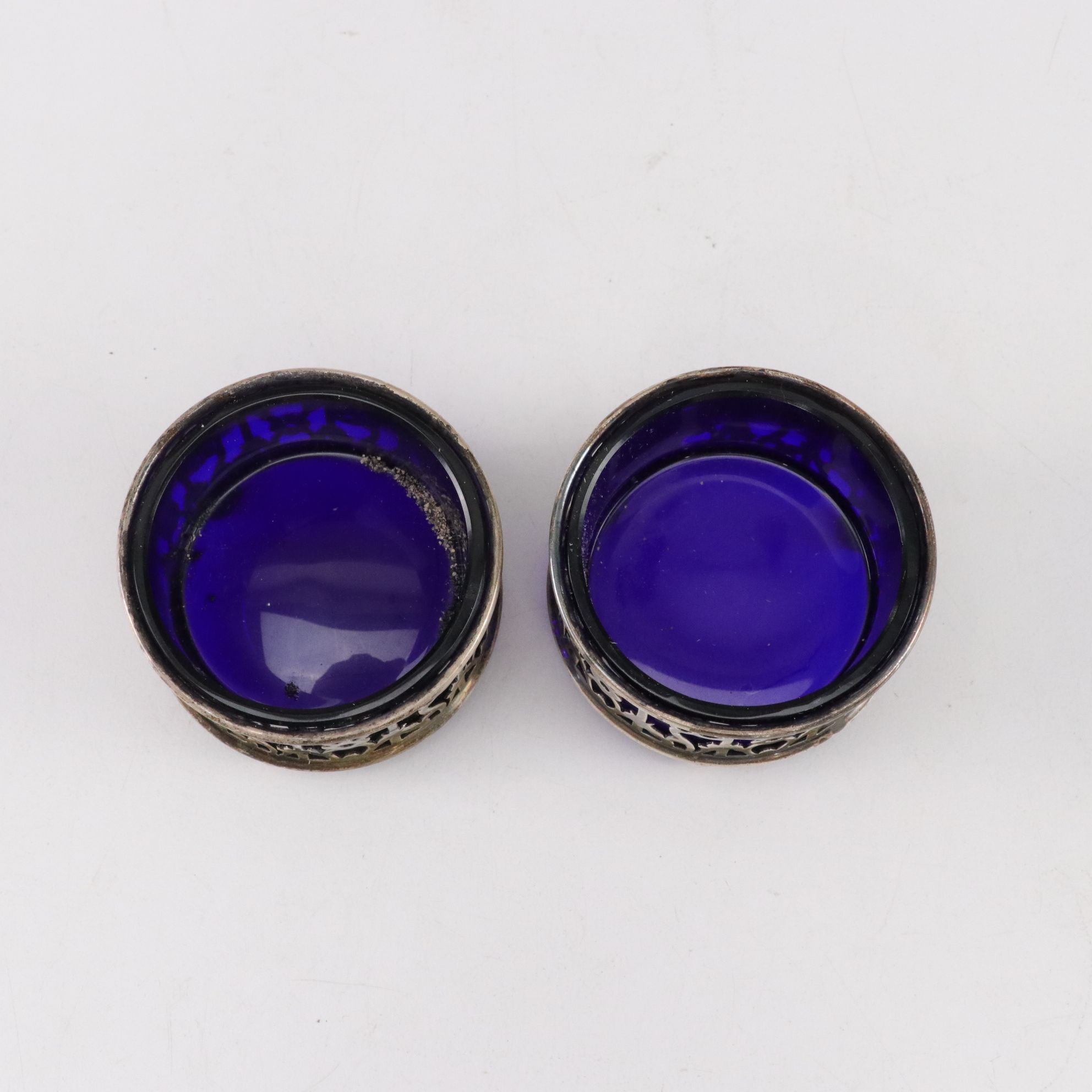 Sterling Silver Cup, Master Salt, and Shaker Holders with Cobalt Glass Inserts