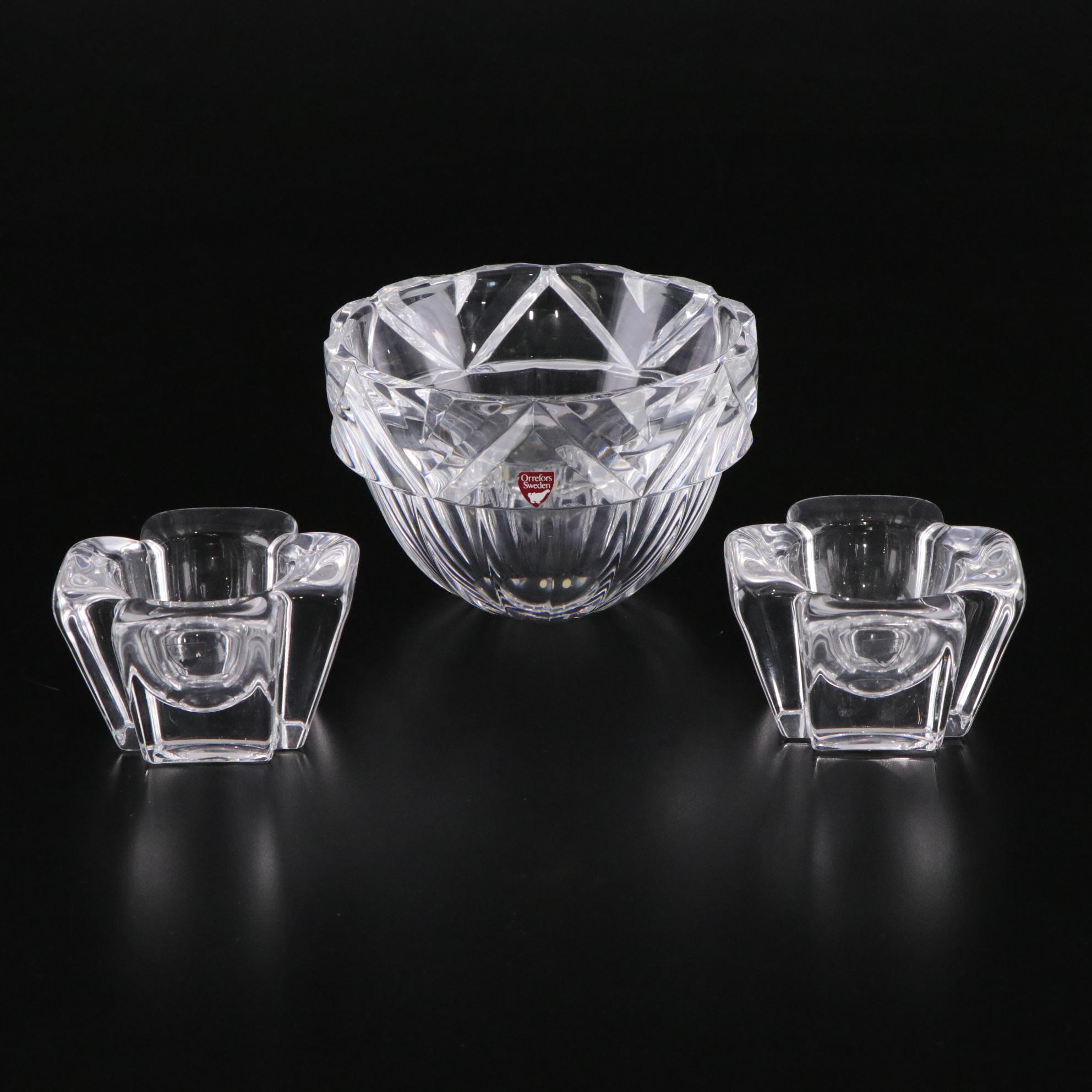 Orrefors "Fenix" Crystal Bowl and "Max" Votive Holders