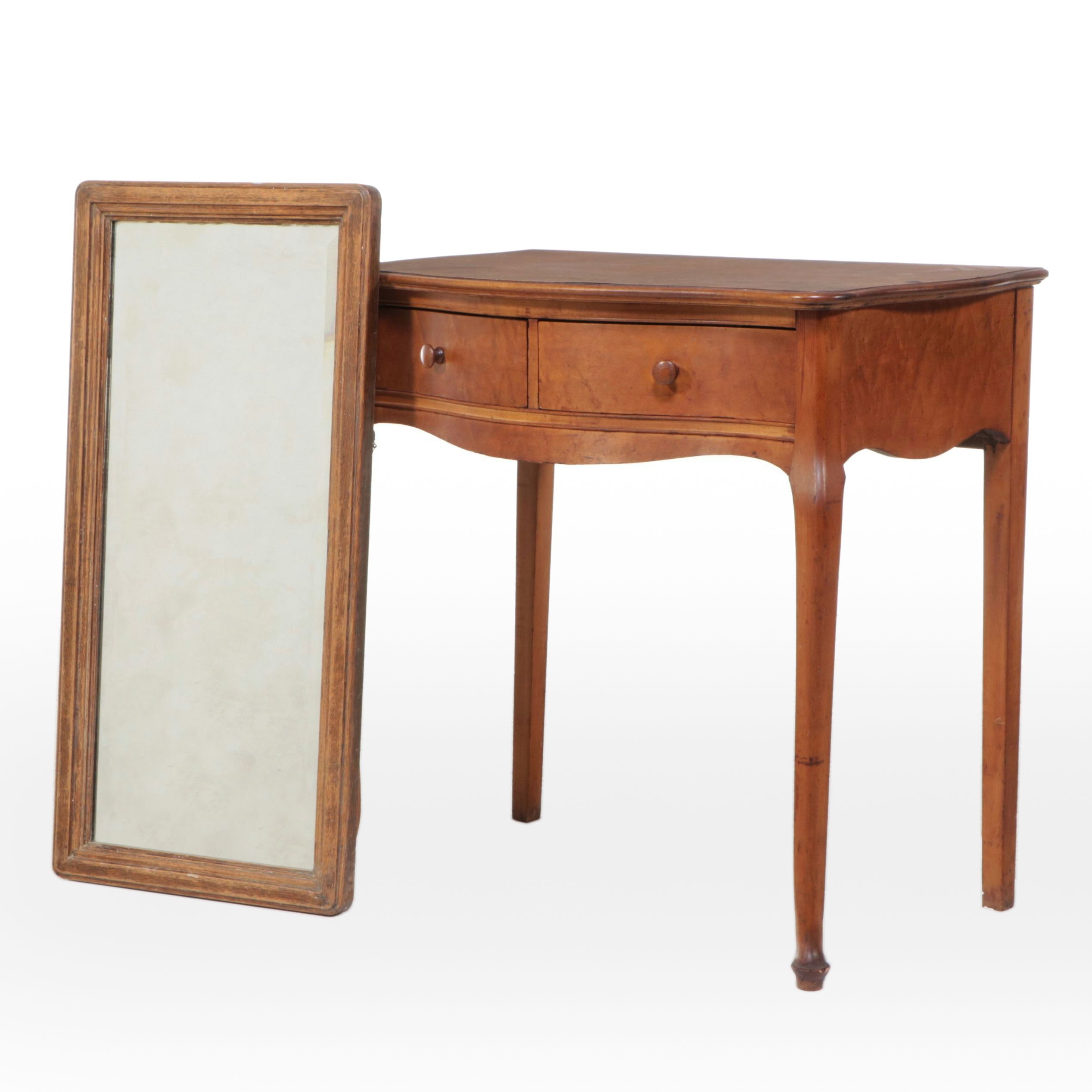 Birdseye Maple Serpentine Front Desk with Oak Framed Mirror