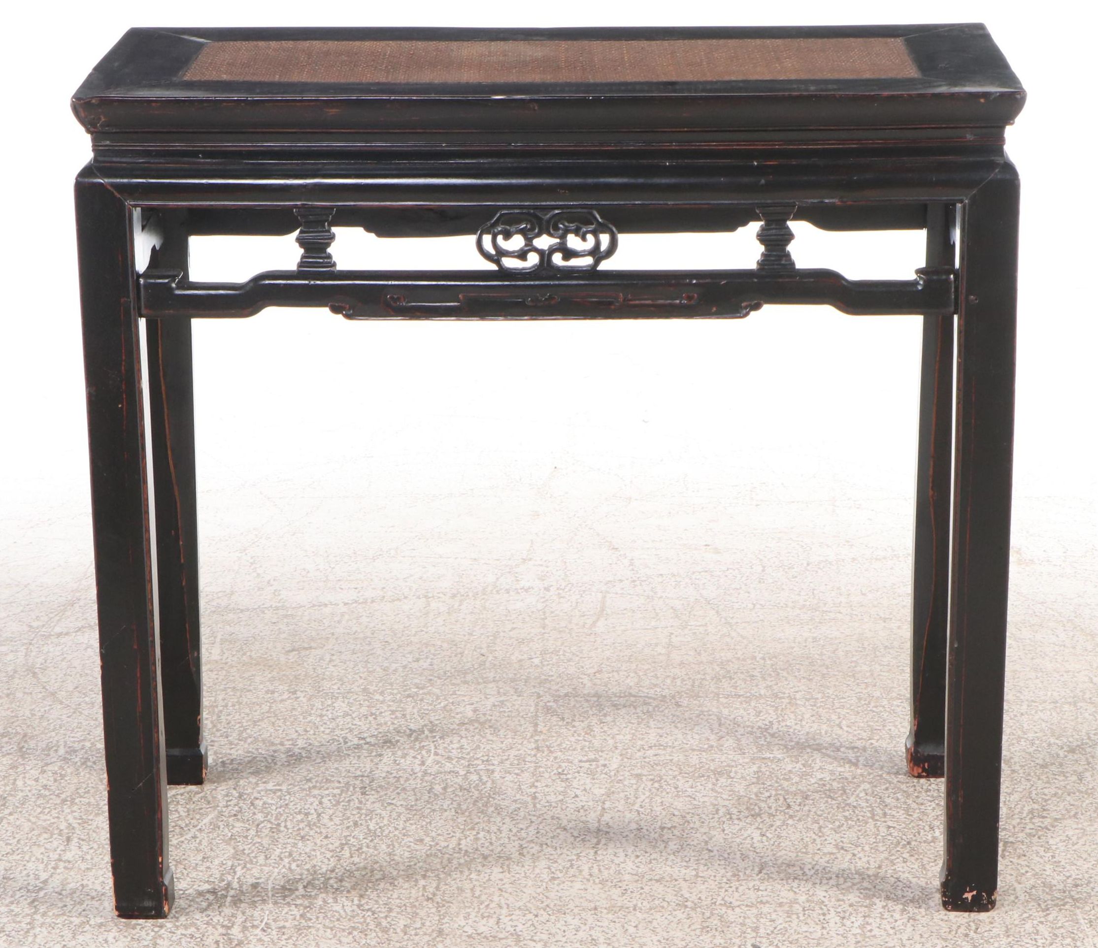 Chinese Ebonized & Carved Wood Hall Table with Woven Inset Panel