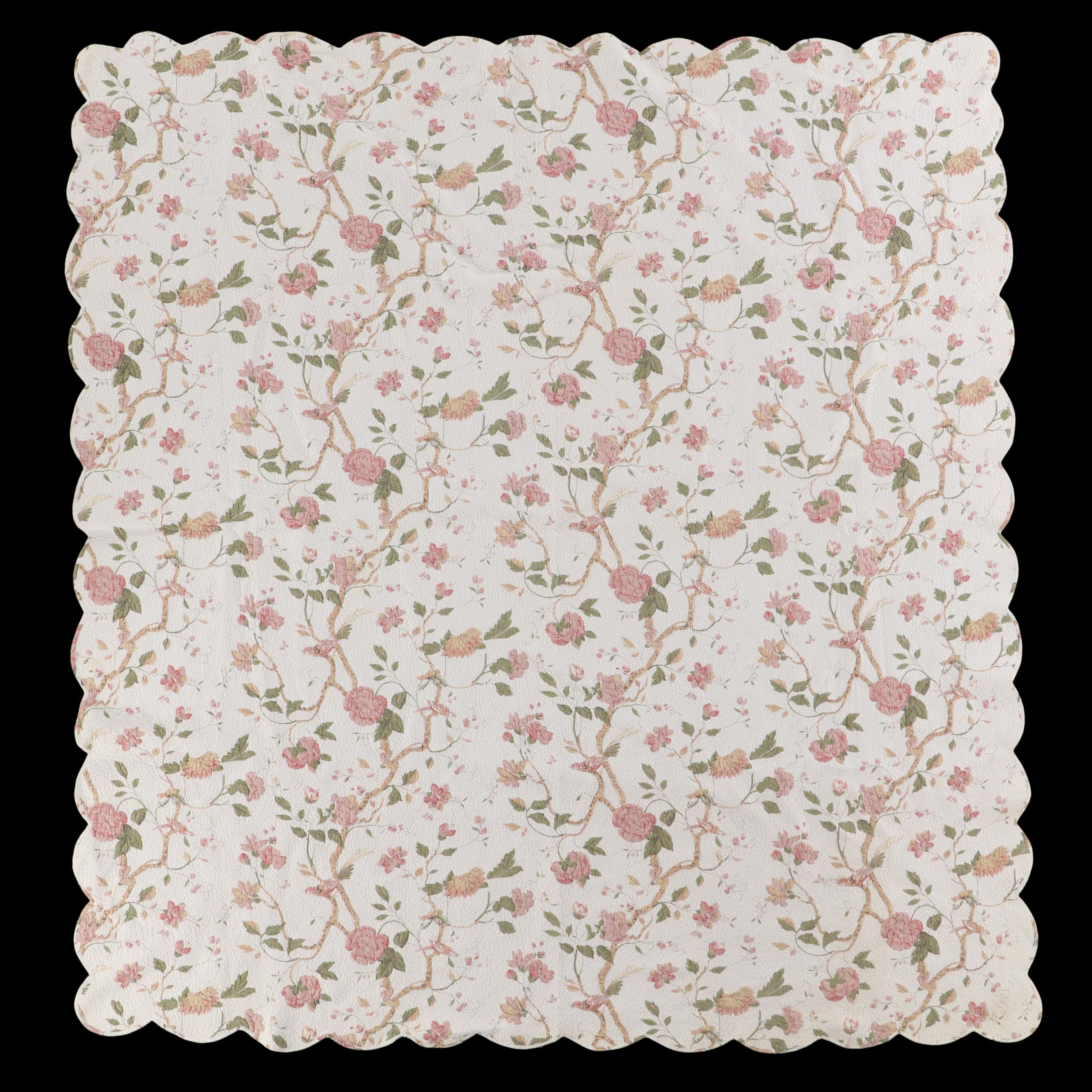 Queen Size Pink Tree Peony and Bird Print Quilted Whole Cloth Coverlet