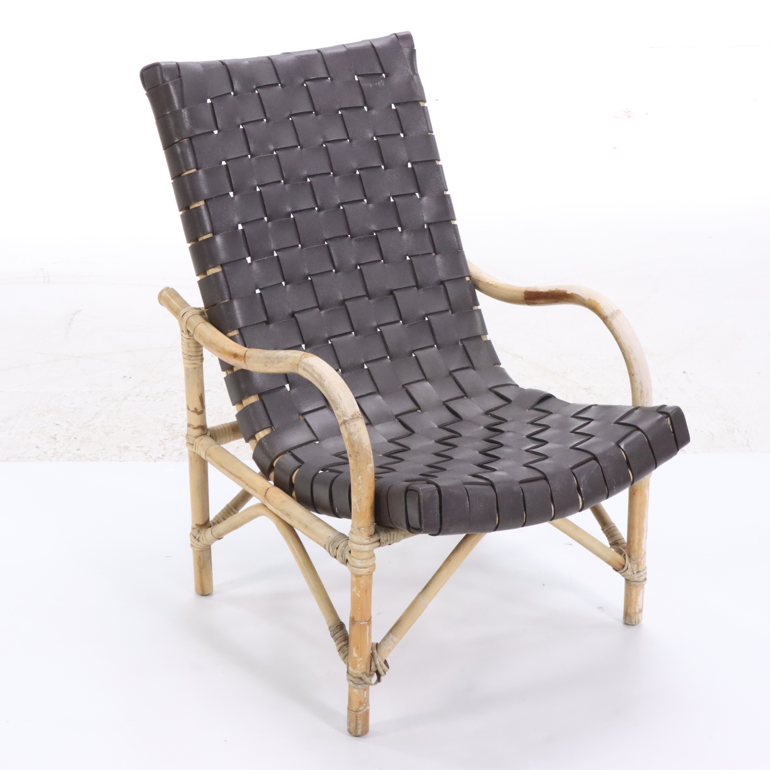 Pair of Rattan Armchairs with Woven Leather, Mid-20th Century