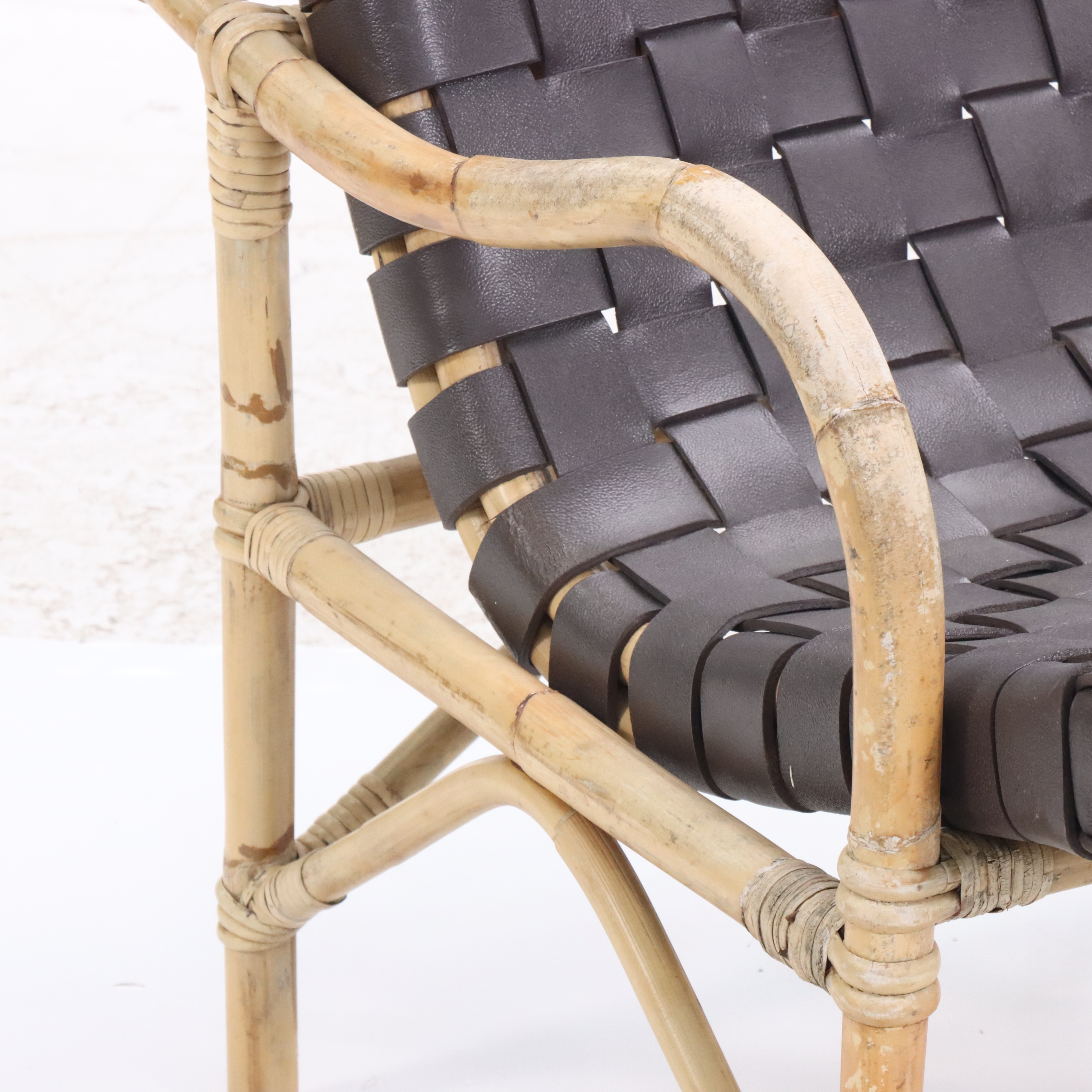 Pair of Rattan Armchairs with Woven Leather, Mid-20th Century