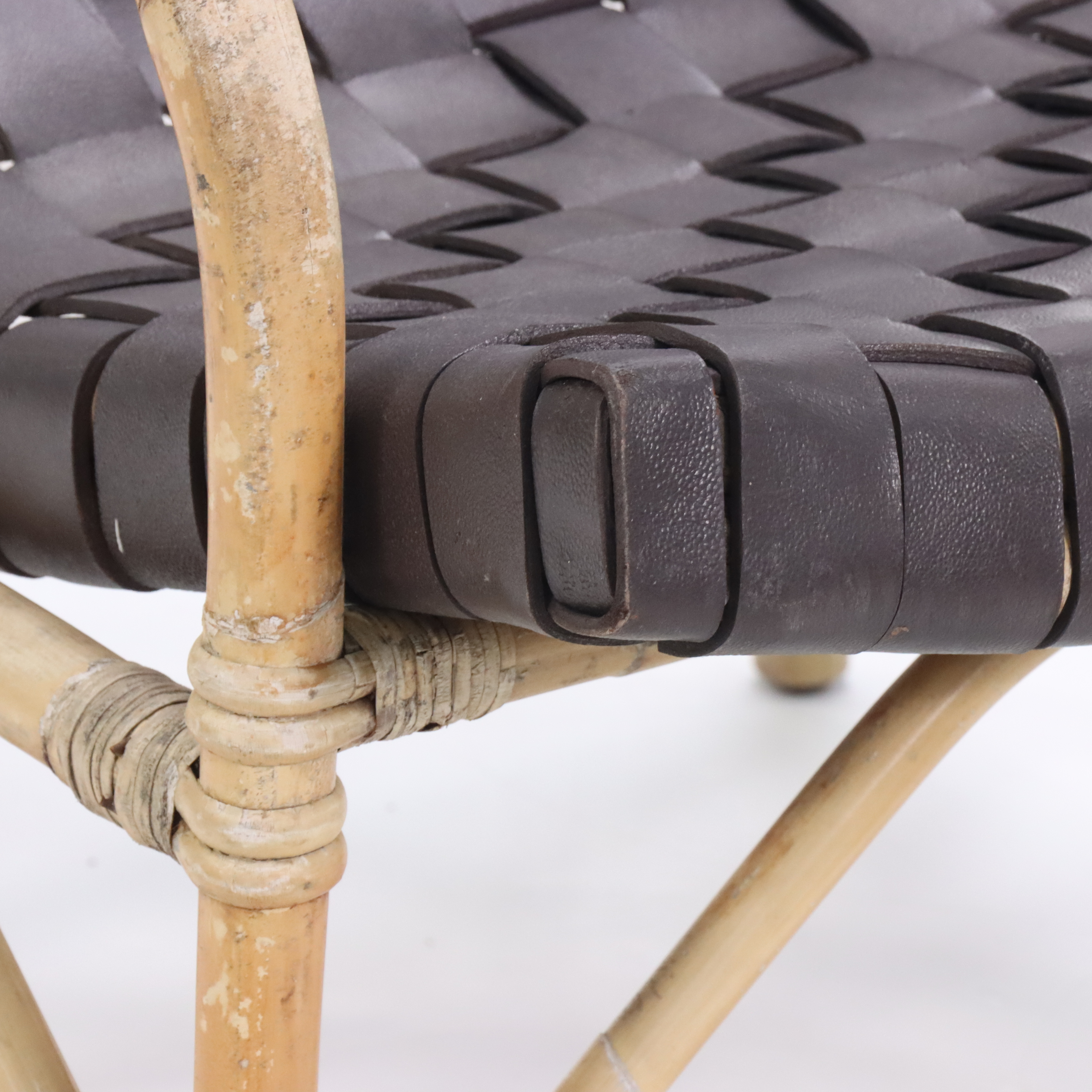 Pair of Rattan Armchairs with Woven Leather, Mid-20th Century