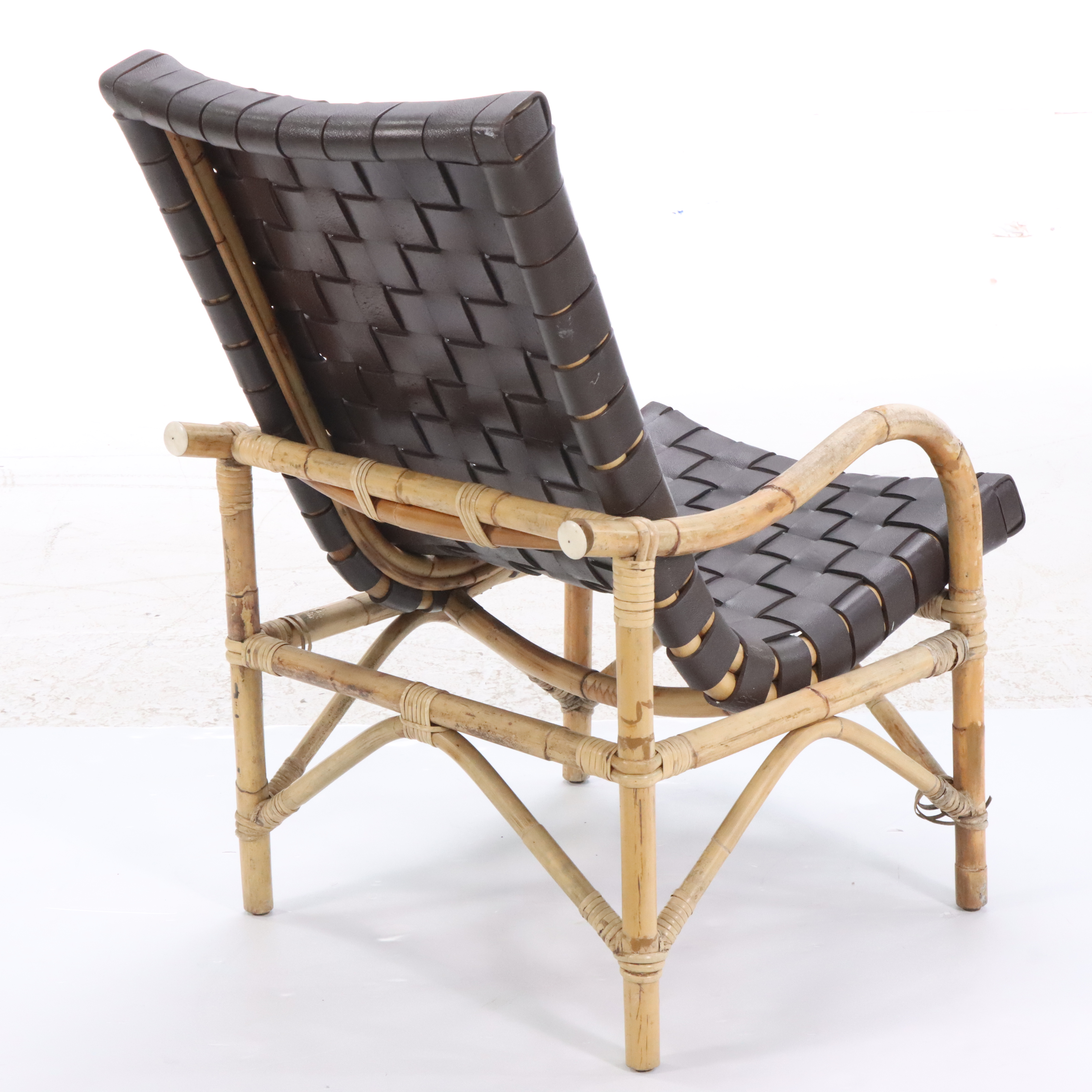 Pair of Rattan Armchairs with Woven Leather, Mid-20th Century