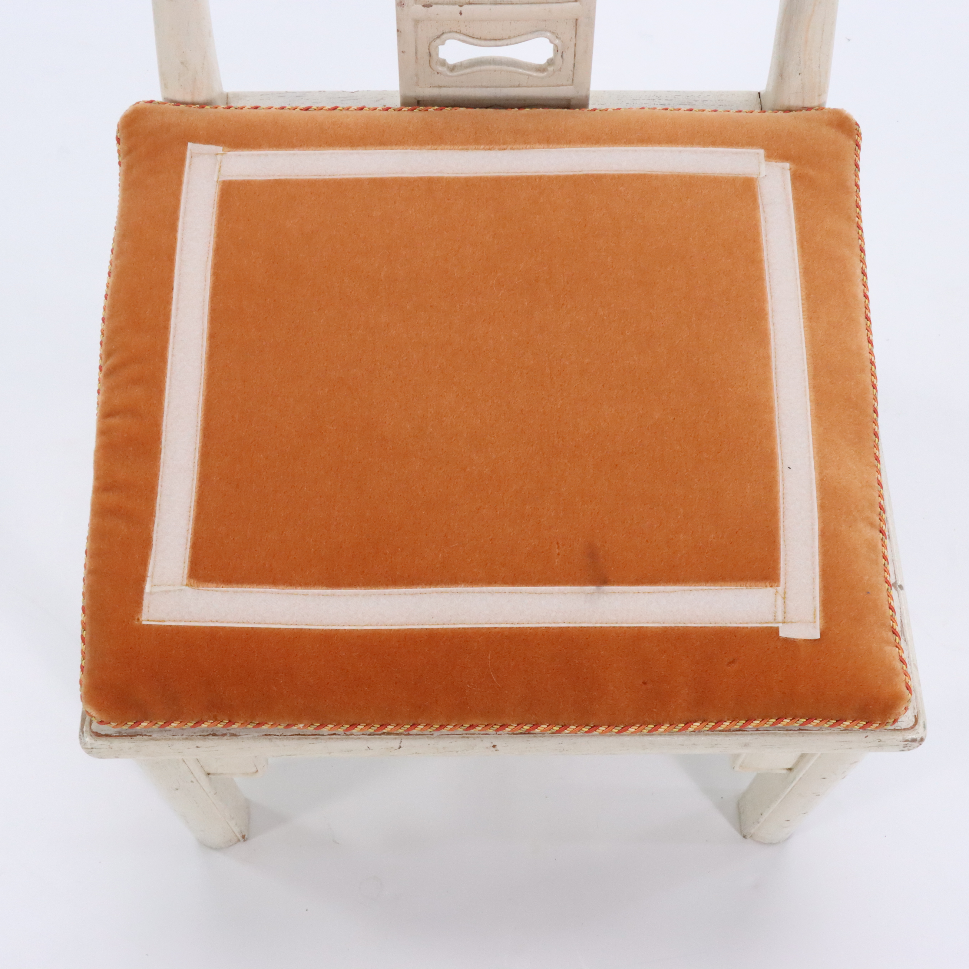 Pair of Chinese Painted Elm Low Side Chairs with Mohair Cushions