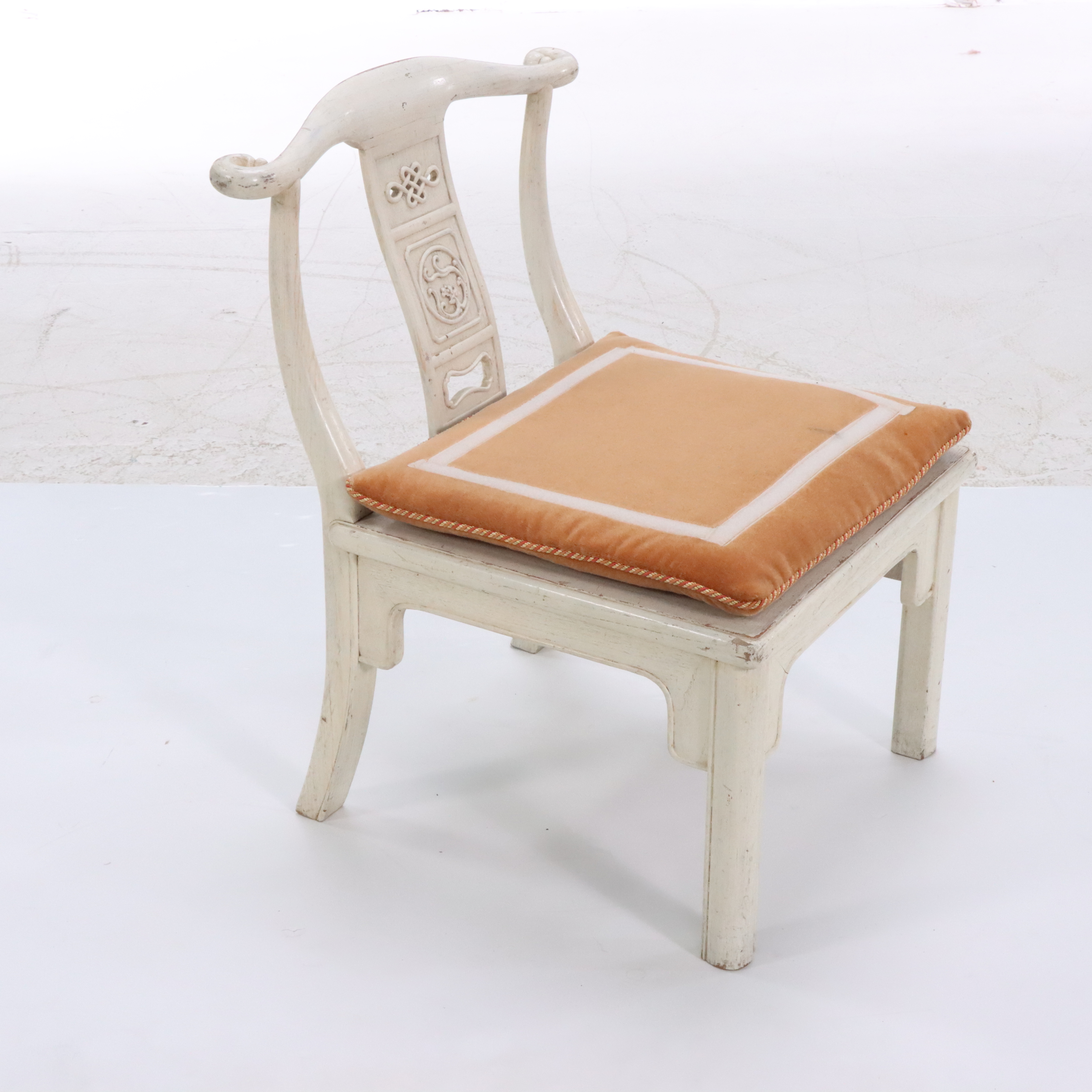 Pair of Chinese Painted Elm Low Side Chairs with Mohair Cushions