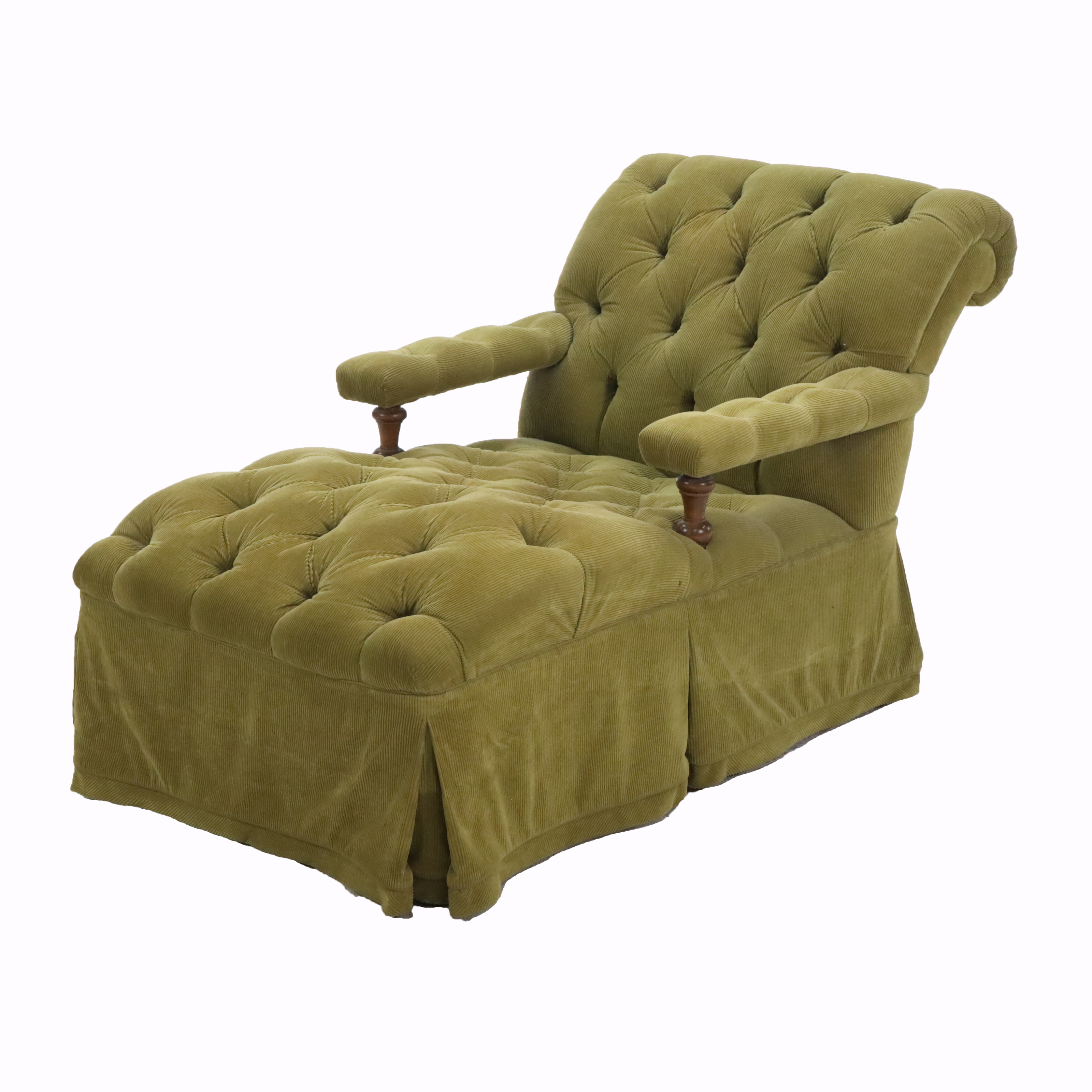 Edwardian Beech Wood Chaise Lounge in Green Corduroy