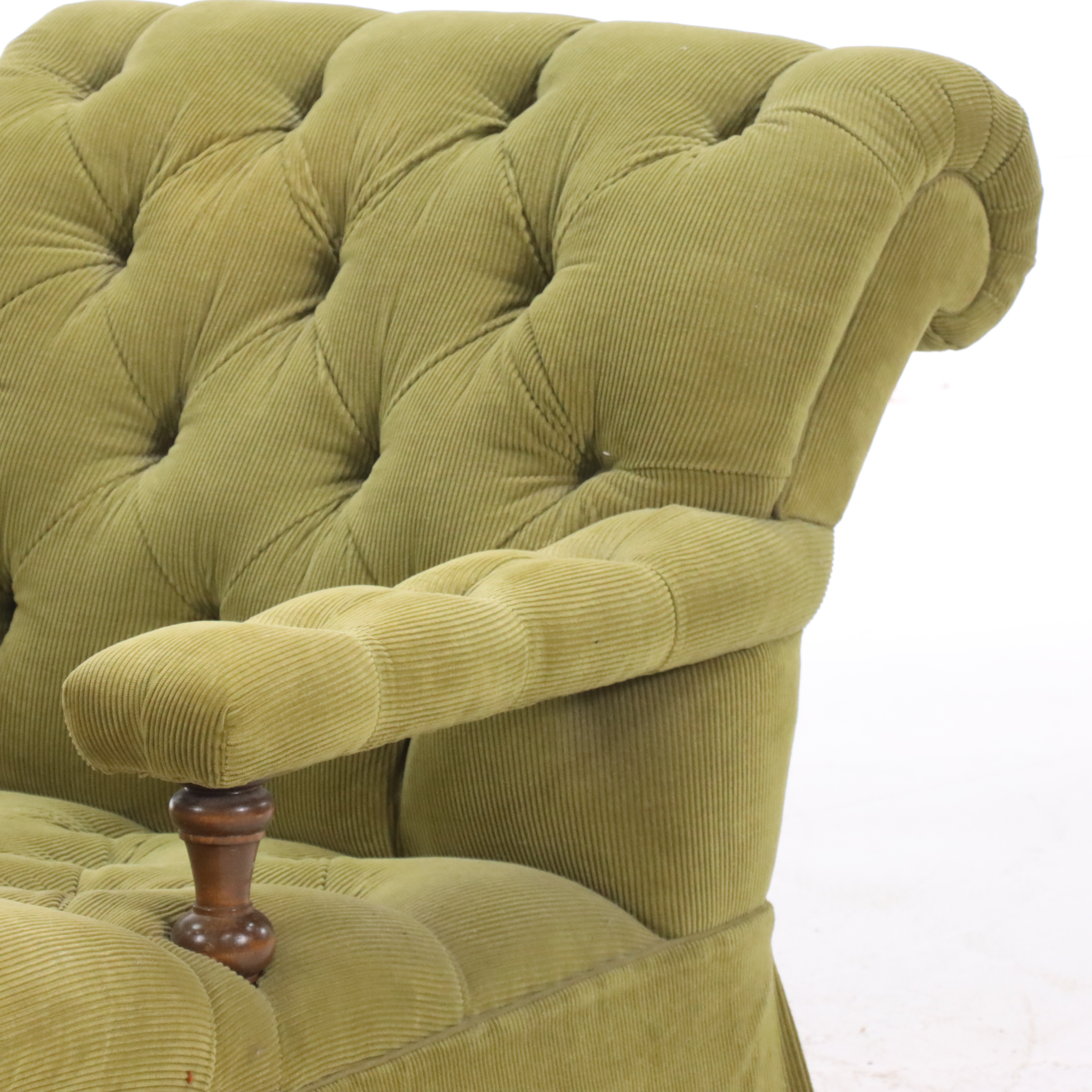 Edwardian Beech Wood Chaise Lounge in Green Corduroy
