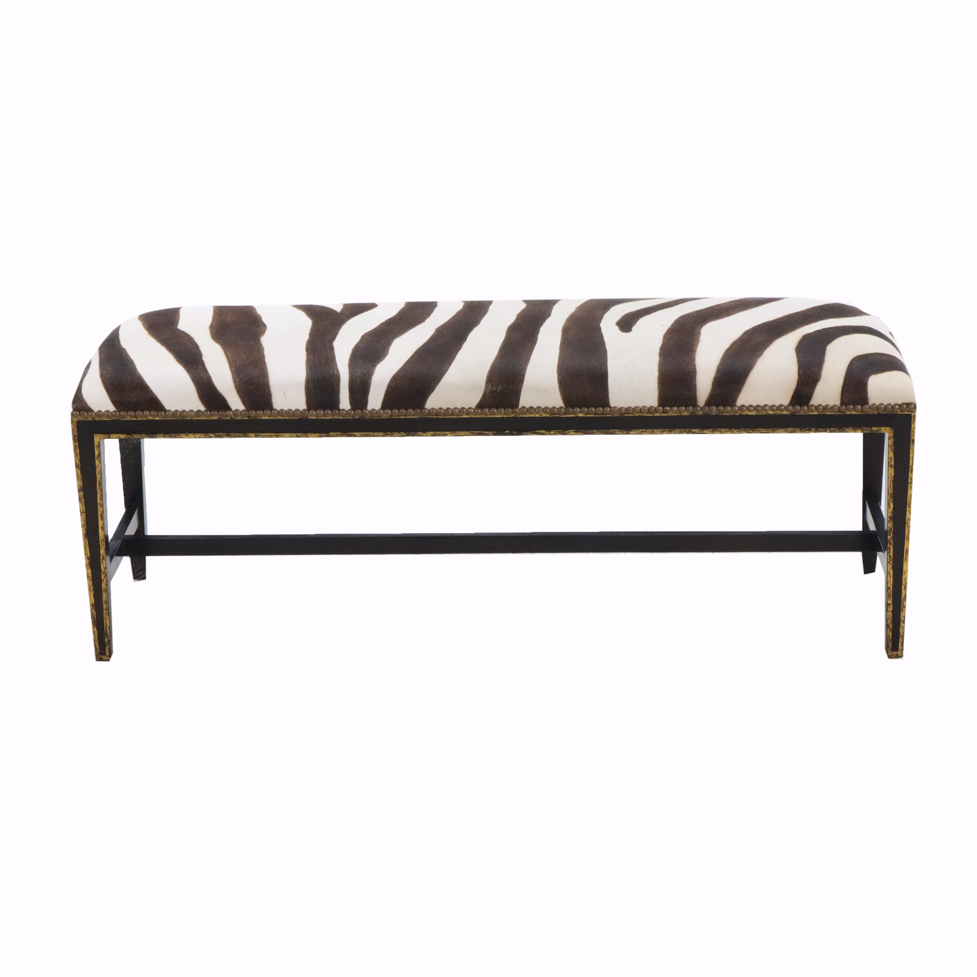 Black and Parcel Gilt Painted Bed Bench with Faux Zebra Hide