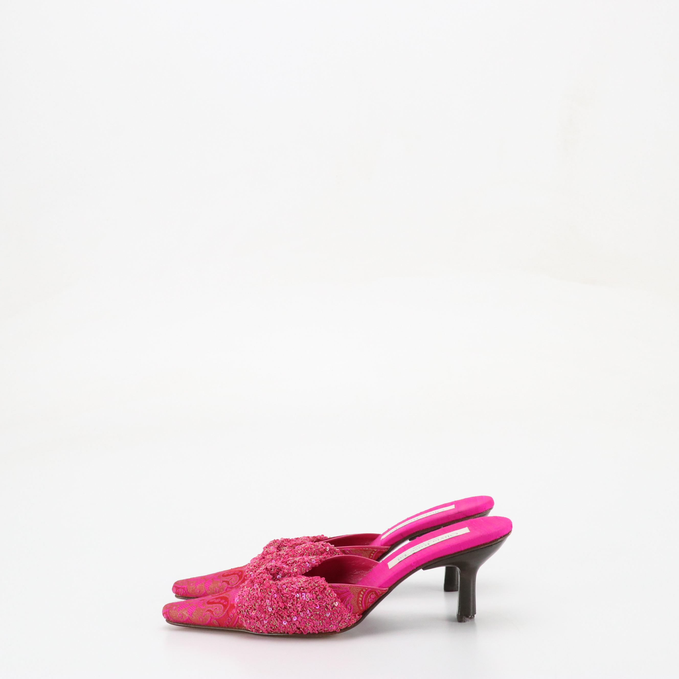 Stuart Weitzman Hot Pink Suede High-Heeled Sandals, Olivia Rose Tal Sequin Mules