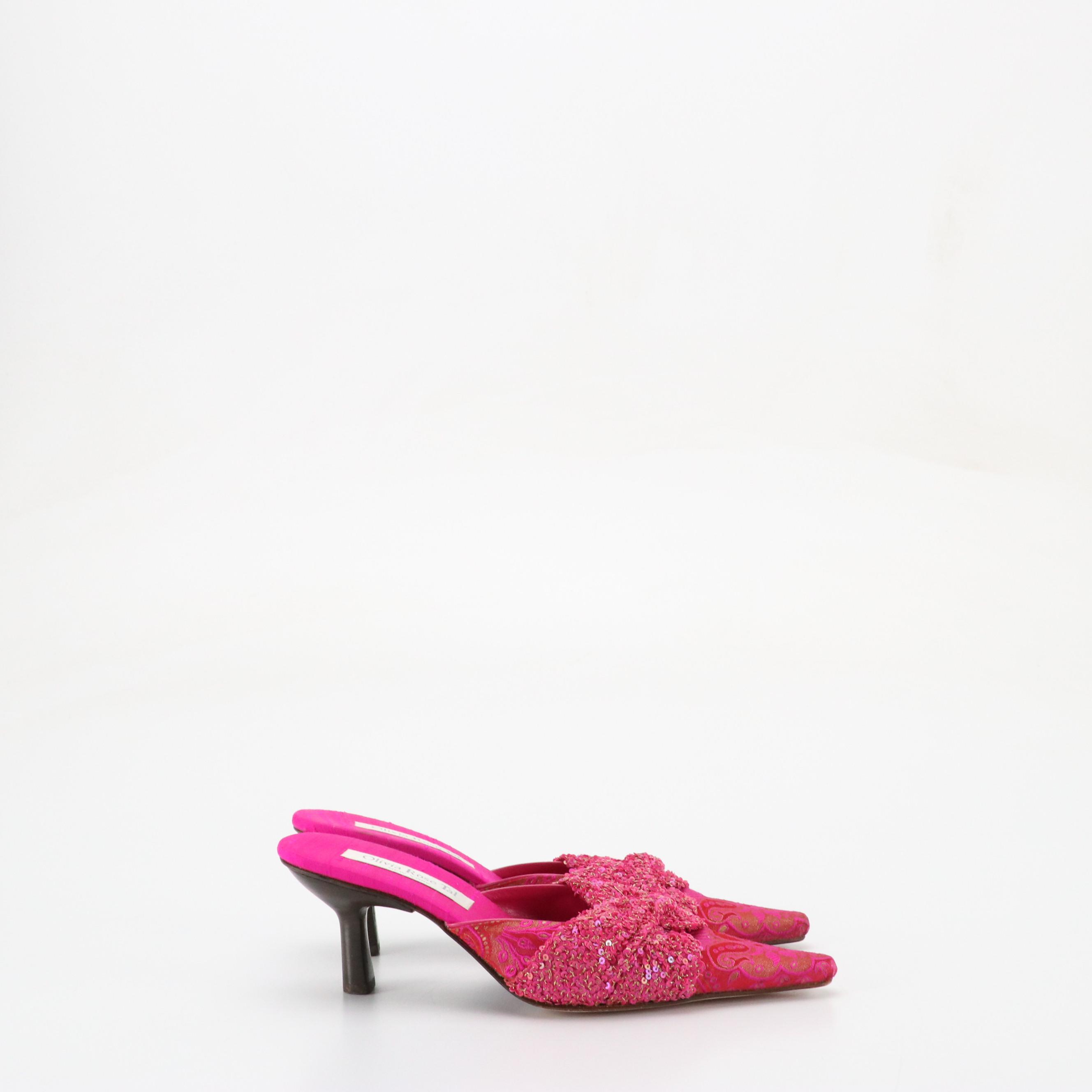 Stuart Weitzman Hot Pink Suede High-Heeled Sandals, Olivia Rose Tal Sequin Mules