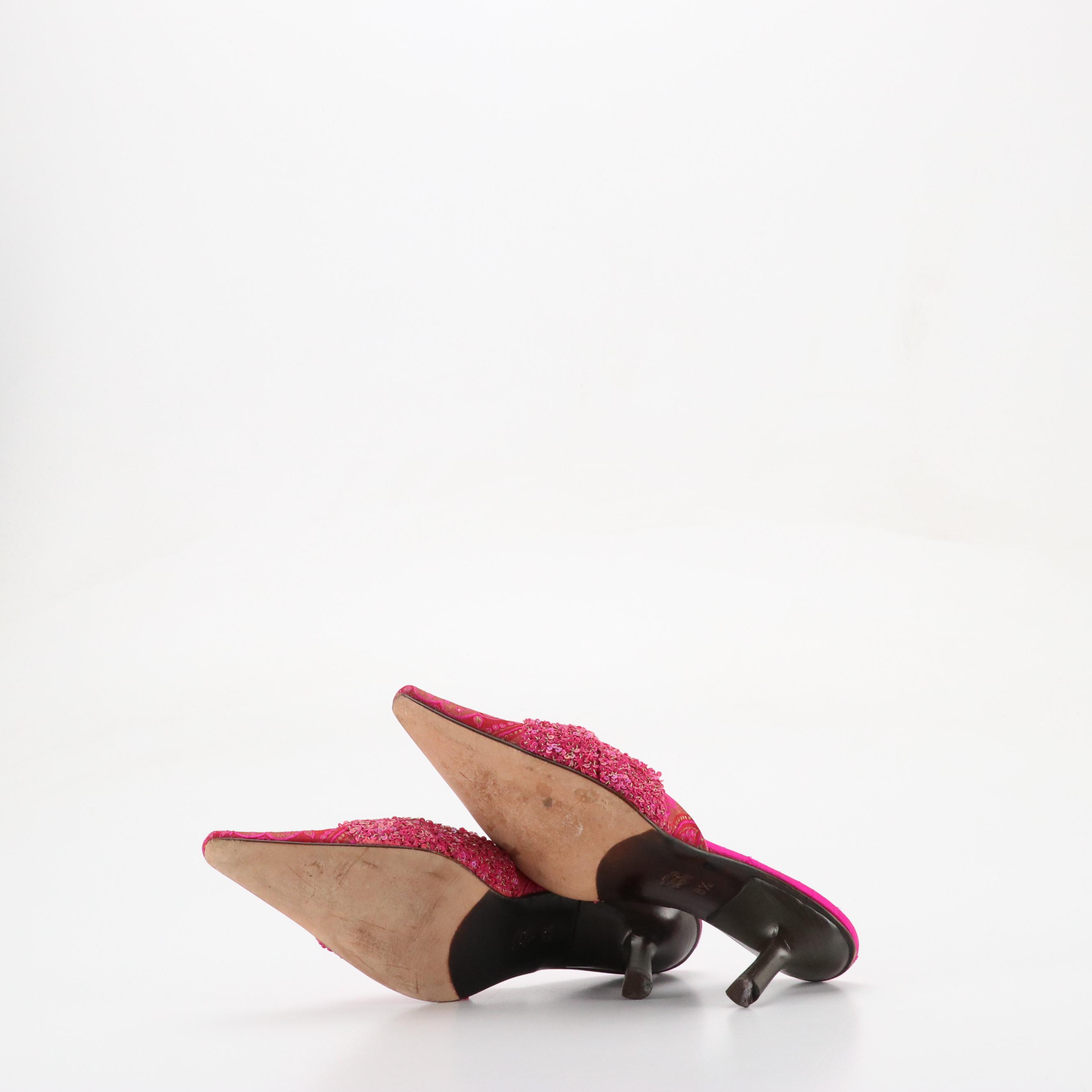 Stuart Weitzman Hot Pink Suede High-Heeled Sandals, Olivia Rose Tal Sequin Mules