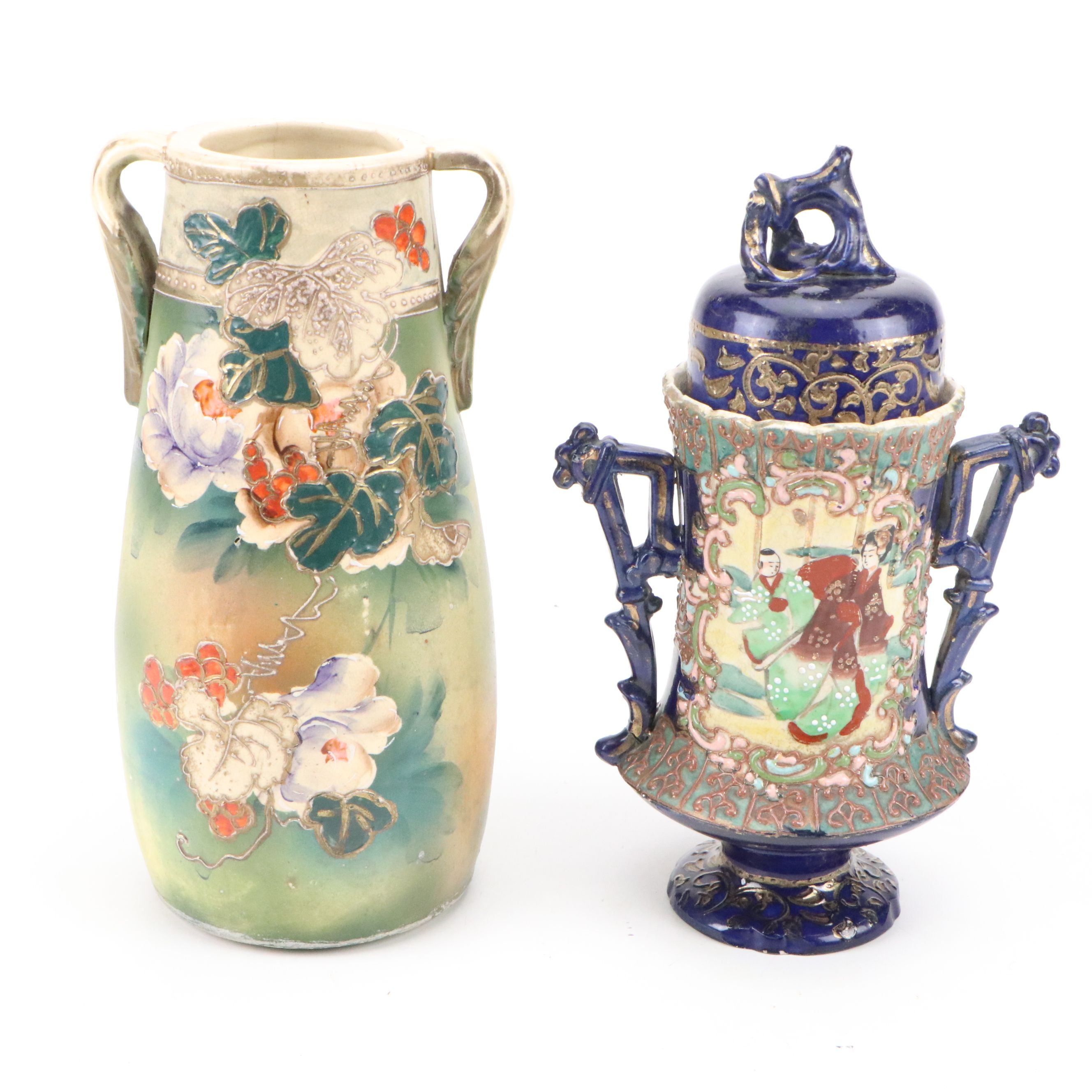 Japanese Satsuma Lidded Urn with Other Porcelain Vase