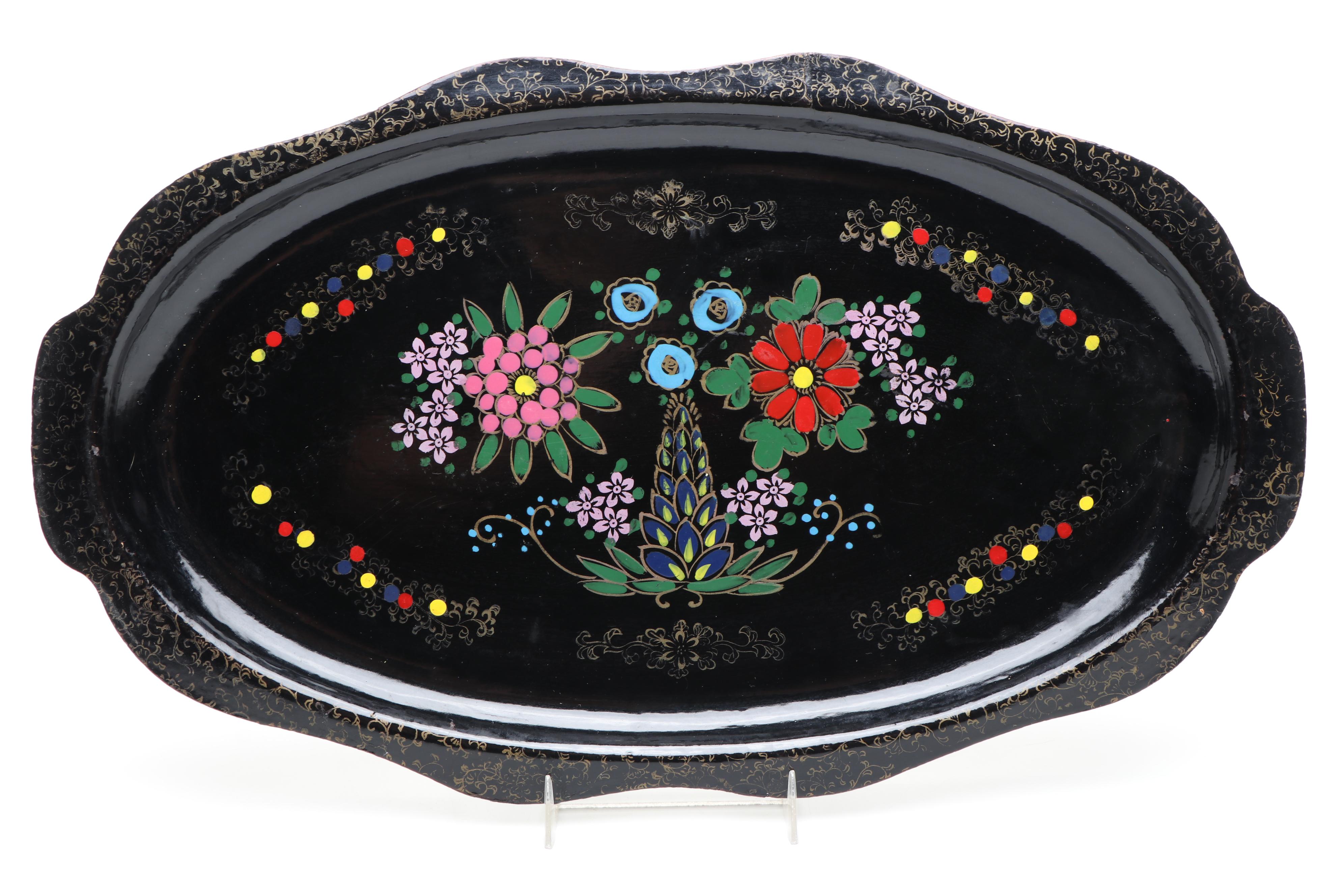Japanese Hand-Painted Floral Lacquerware Trays