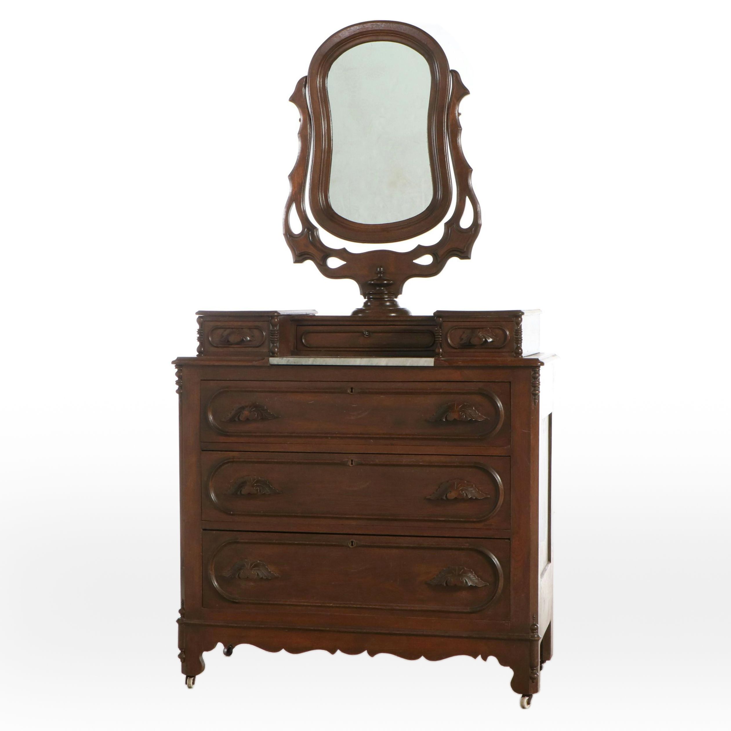Victorian Walnut Men's Vanity and Dresser with Marble Slab
